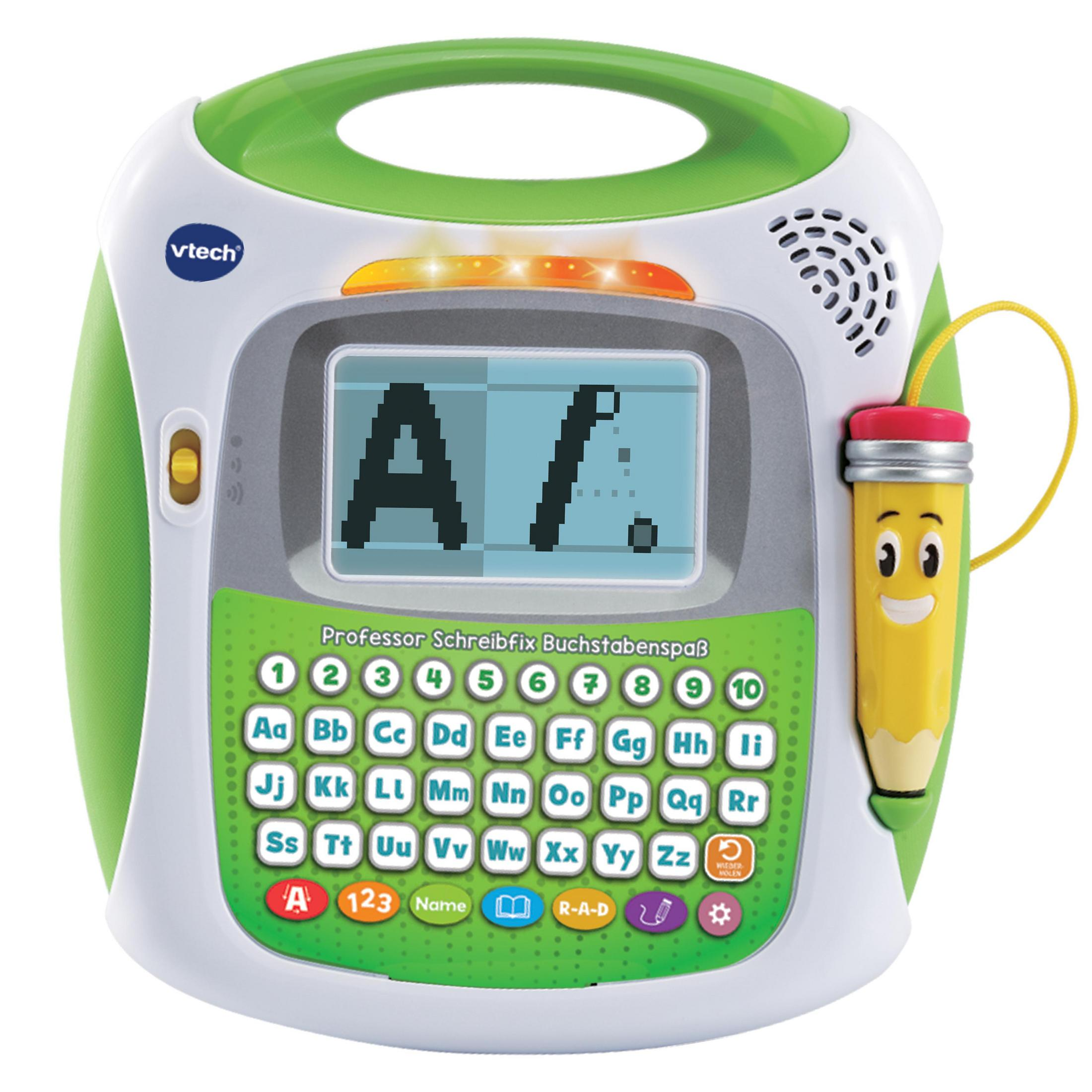 Ein grün-weißes Lernspielzeug mit Buchstaben und Zahlen.