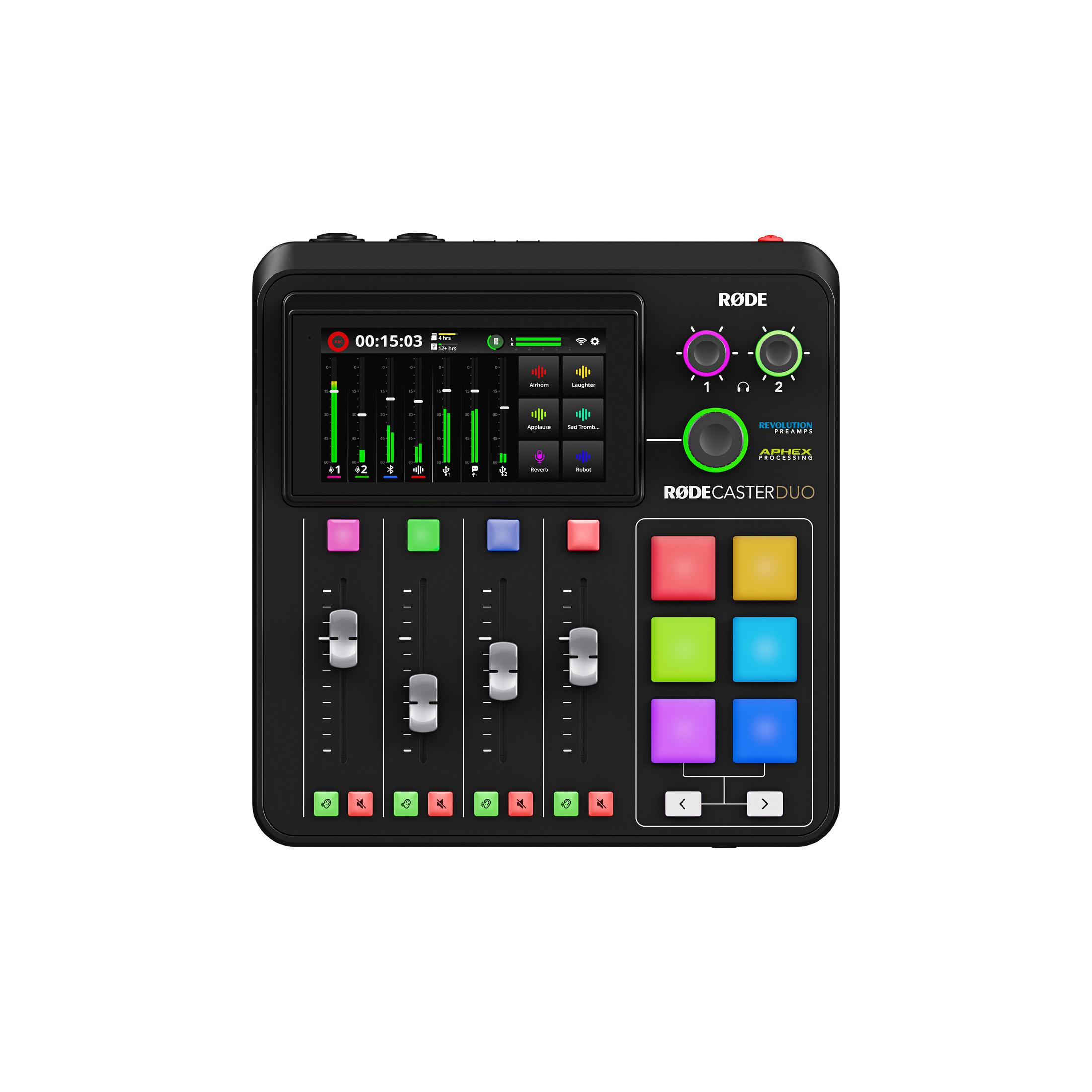 Interfaccia audio nera con manopole, fader e schermo, con parte superiore rossa.
