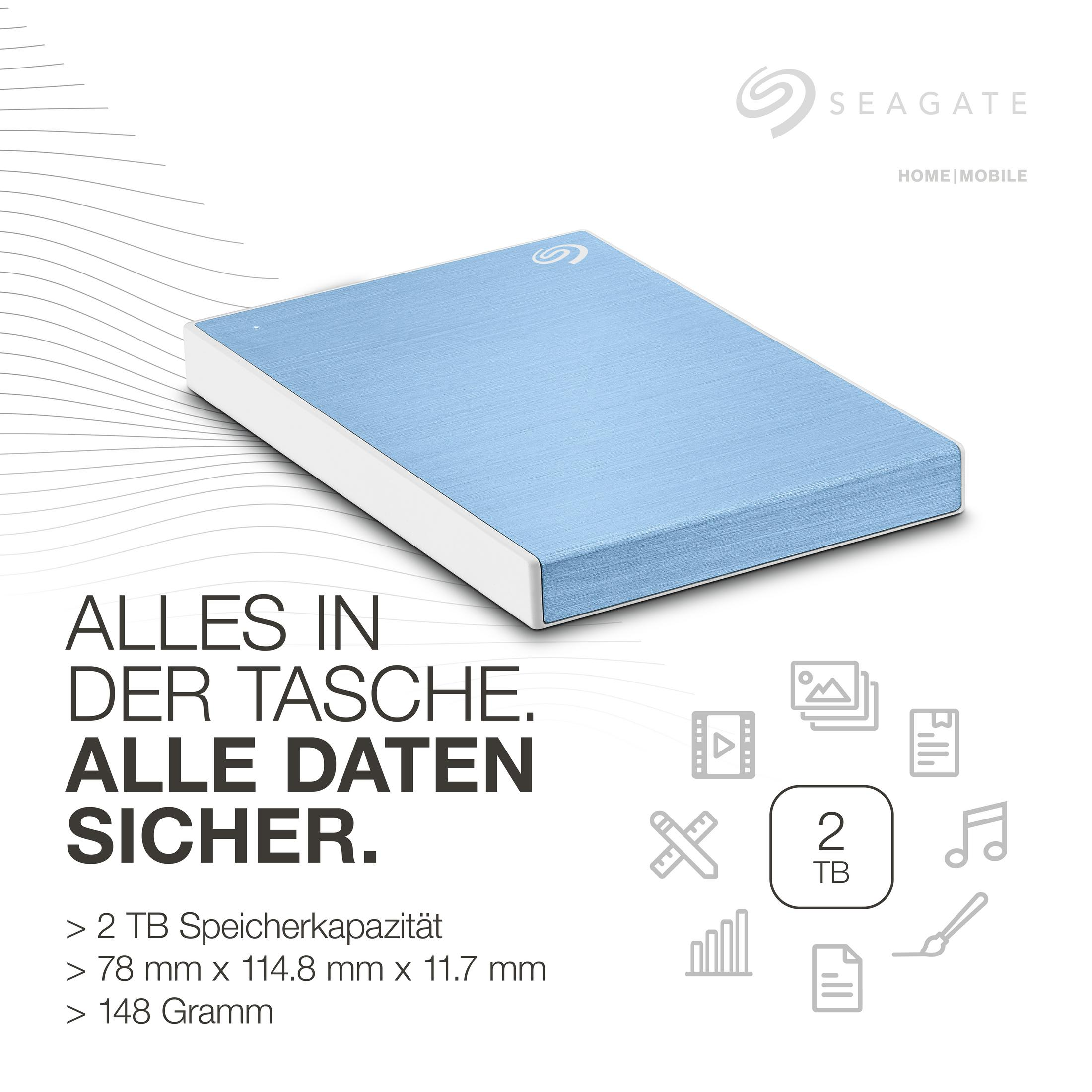 Niebiesko-biały zewnętrzny dysk twardy Seagate z tekstem i ikonami związanymi z pojemnością pamięci.