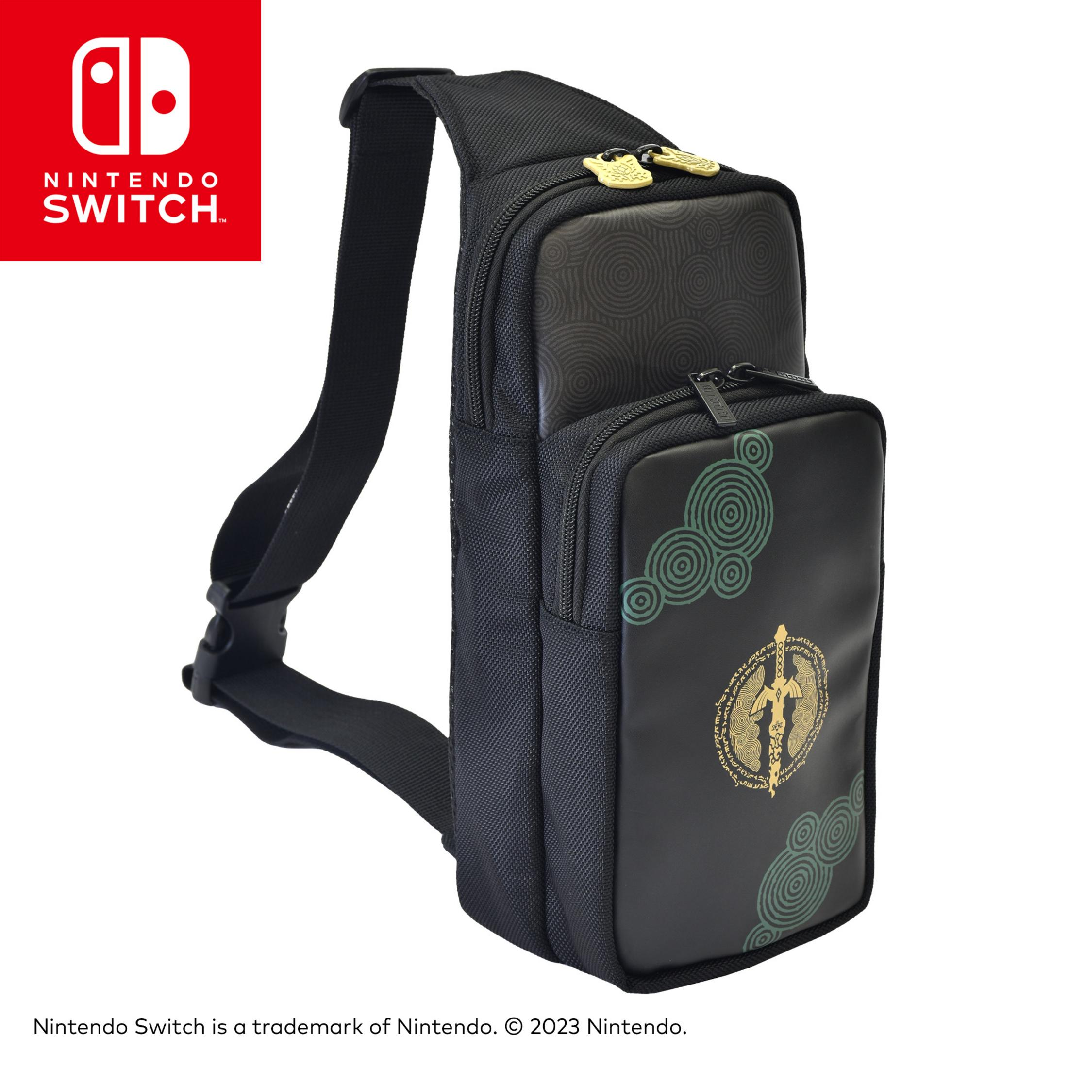 Bolso bandolera negro de Nintendo Switch. Presenta el logotipo e imágenes del juego.
