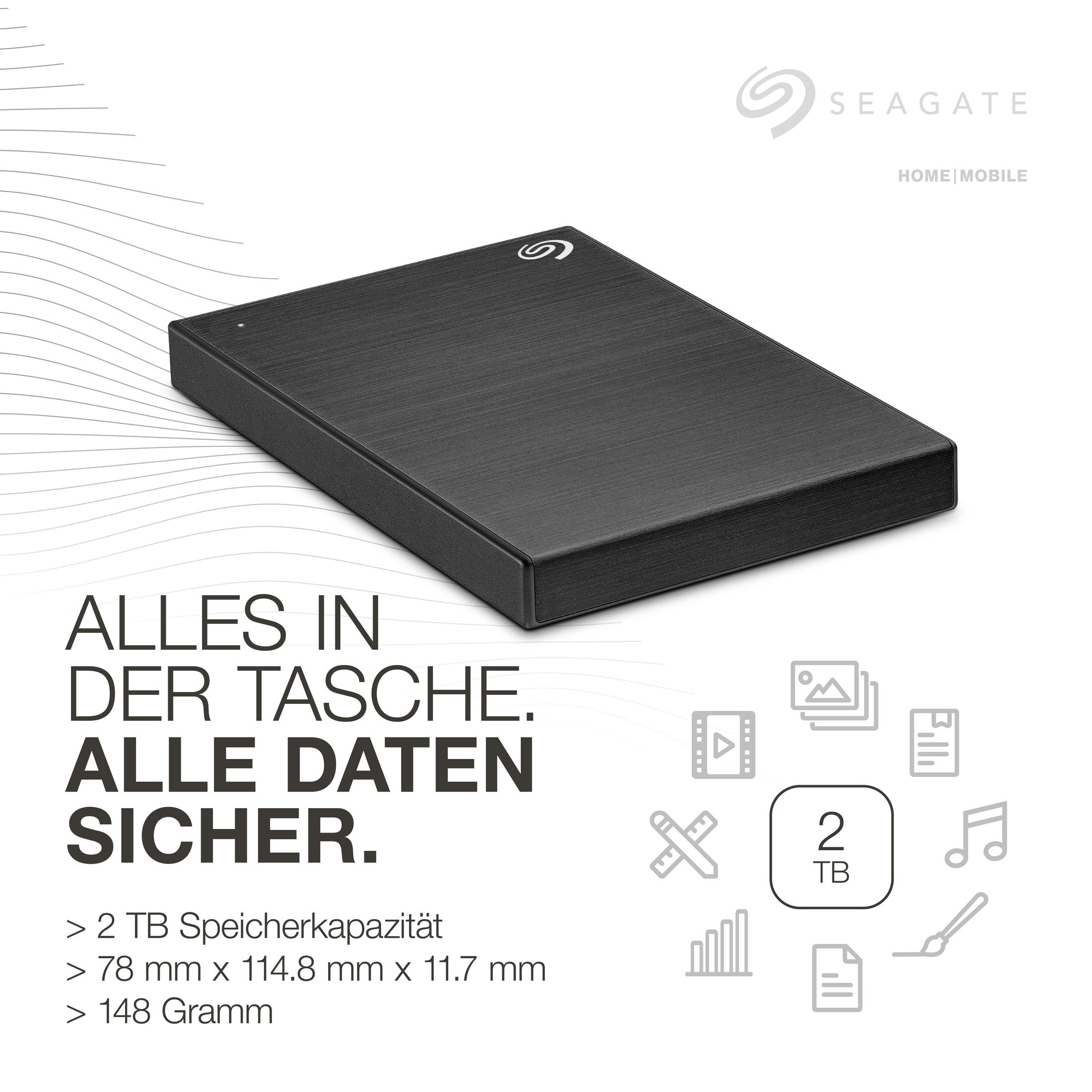 Czarny zewnętrzny dysk twardy Seagate z tekstem, ikonami i specyfikacjami na białym tle.