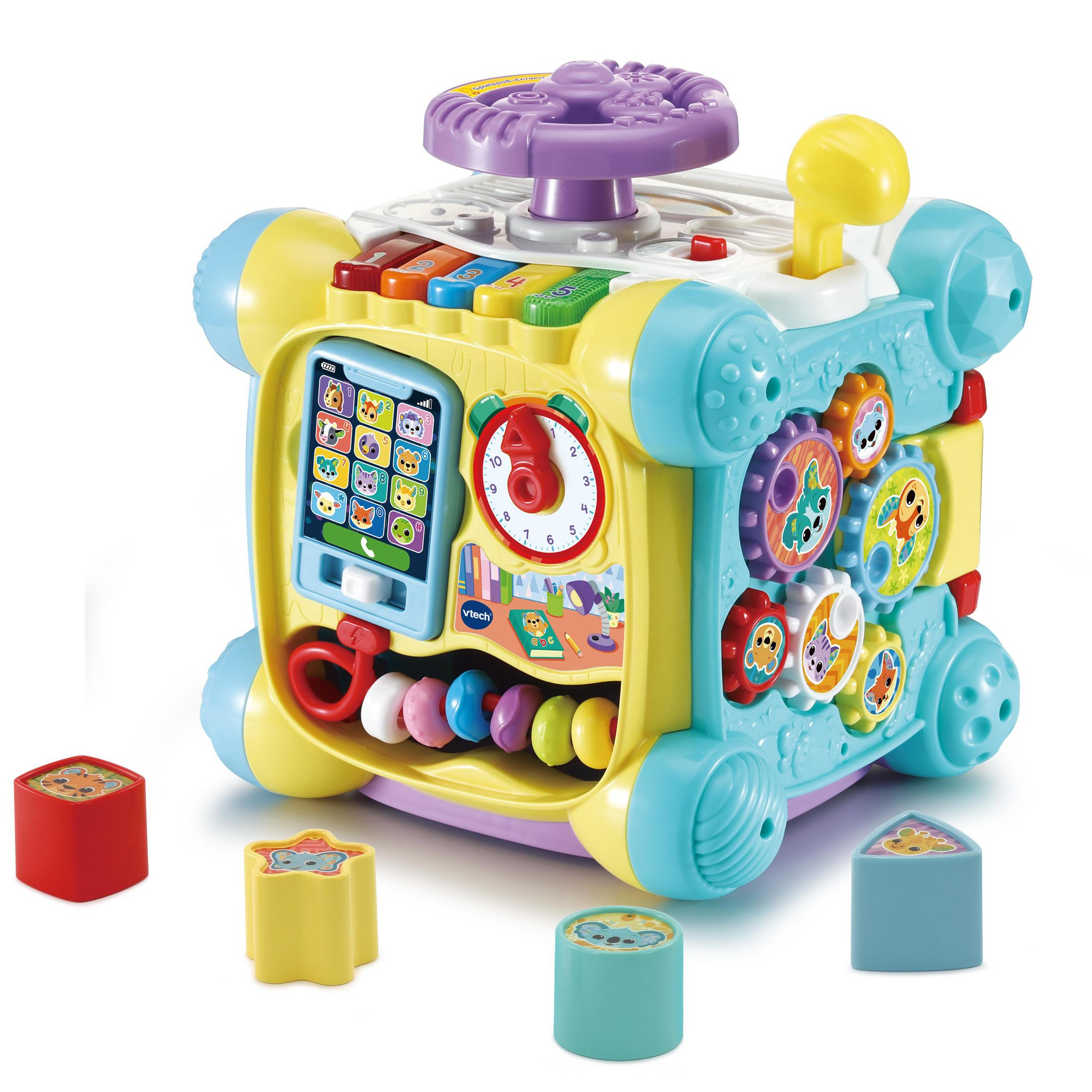 Ein bunter Baby-Spielzeugwürfel mit verschiedenen interaktiven Elementen und Formsortierern.