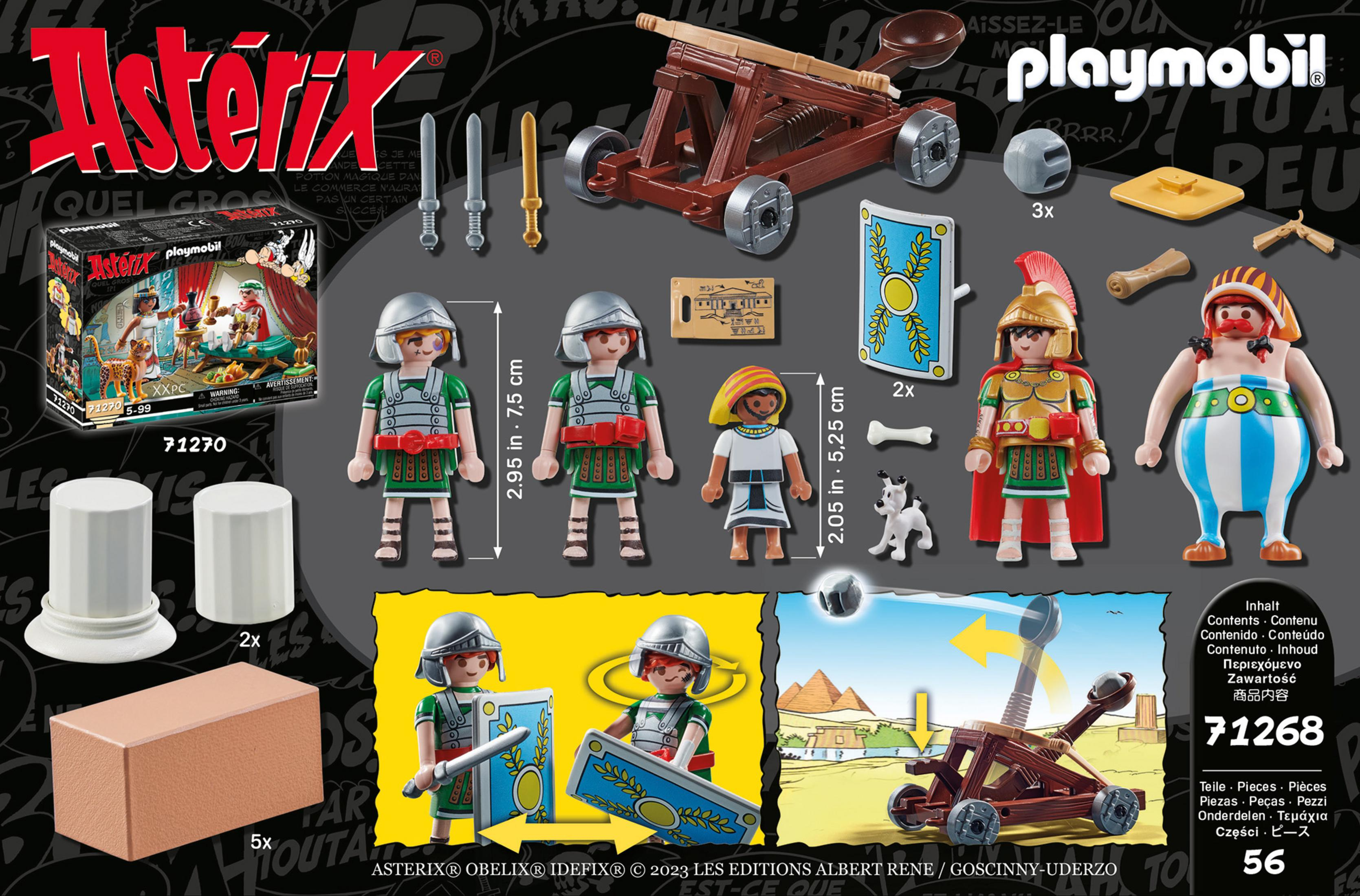 Set Playmobil con personaggi di Asterix, accessori e una catapulta su sfondo bianco.