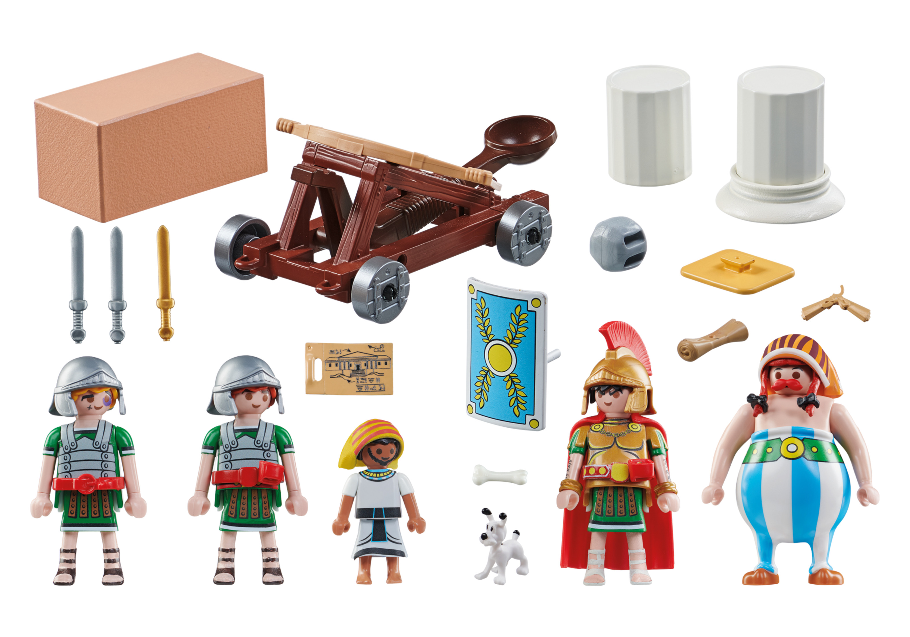 Una collezione di soldati giocattolo romani, una catapulta e altri accessori giocattolo.
