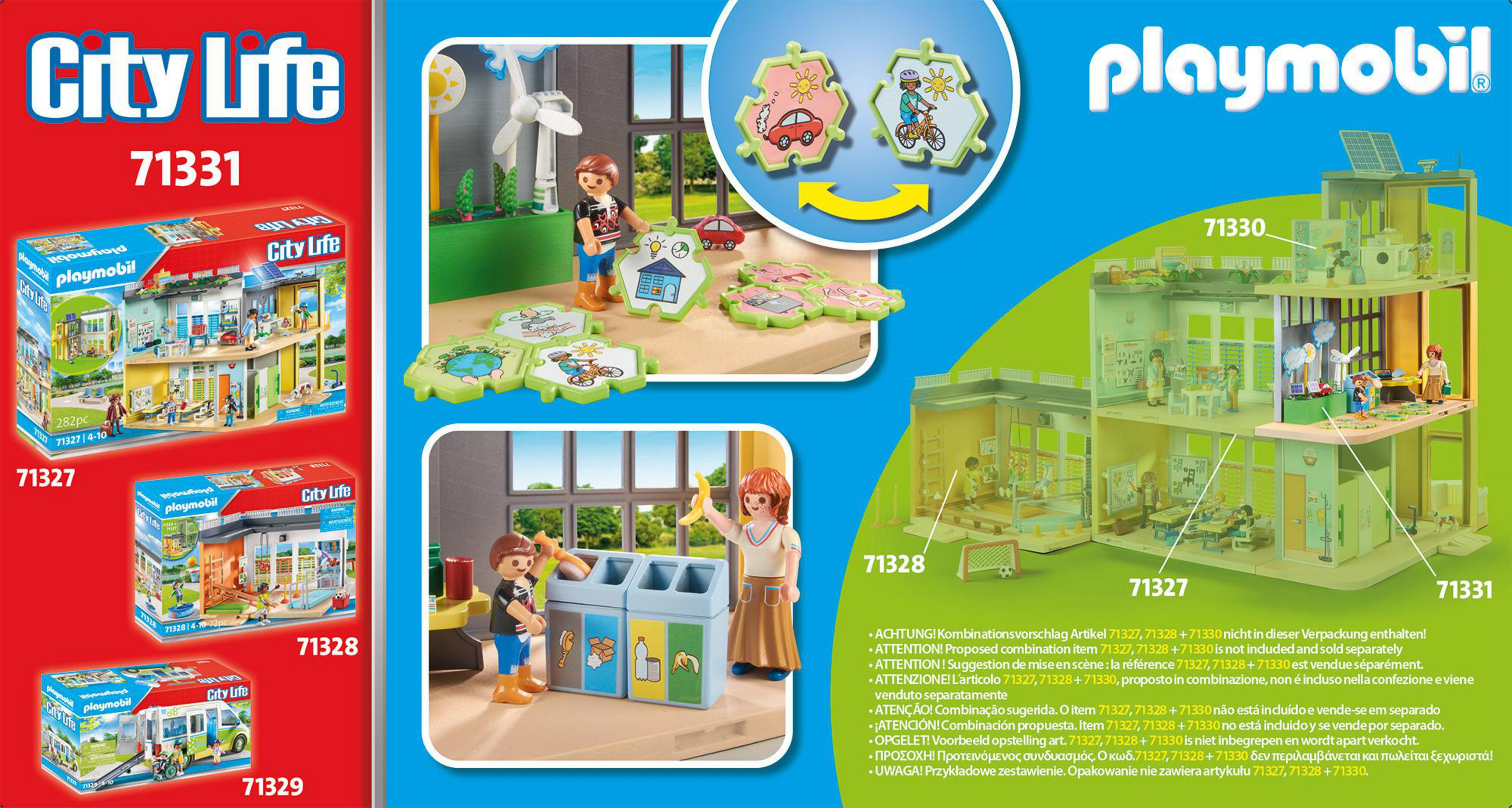 Playmobil toy set showing houses, figures, and accessories. Includes a red-white box with text and other toy sets.