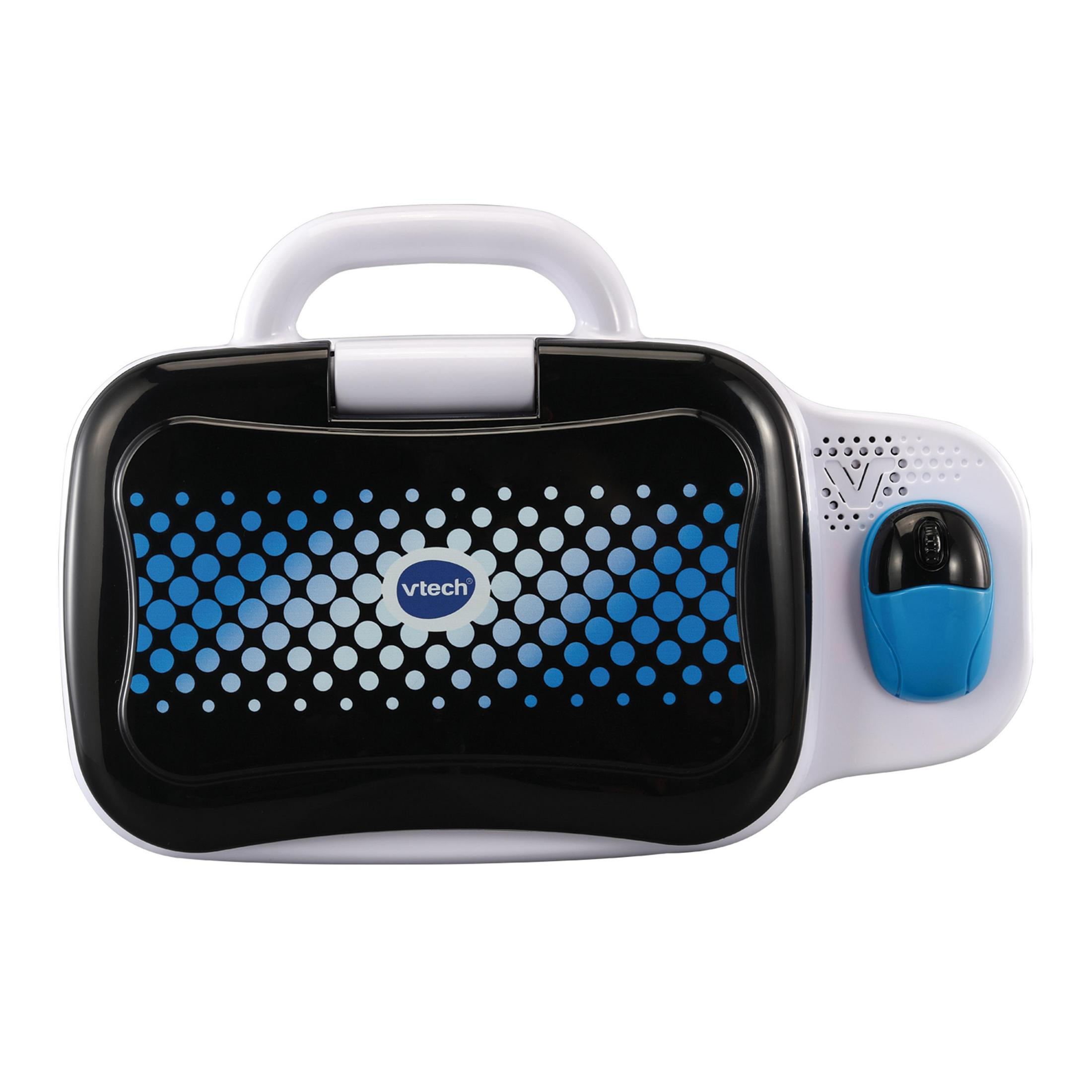 Un giocattolo per laptop Vtech in bianco e nero con un mouse blu. Il laptop è chiuso e ha una maniglia.