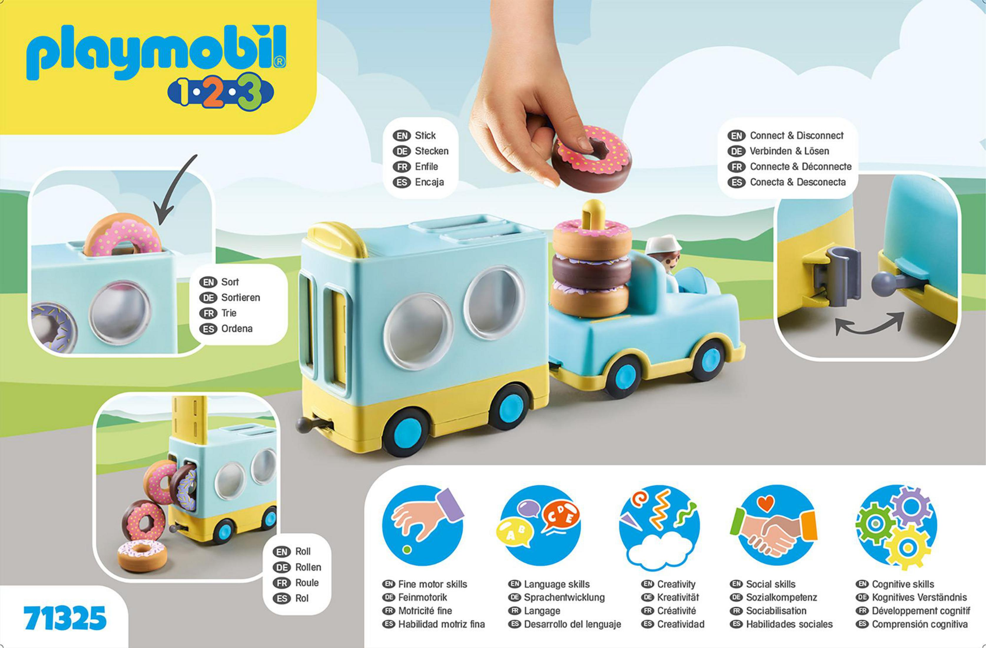 Playmobil Spielzeugset mit einem blau-gelben Foodtruck und Donuts. Eine Hand legt einen Donut darauf.