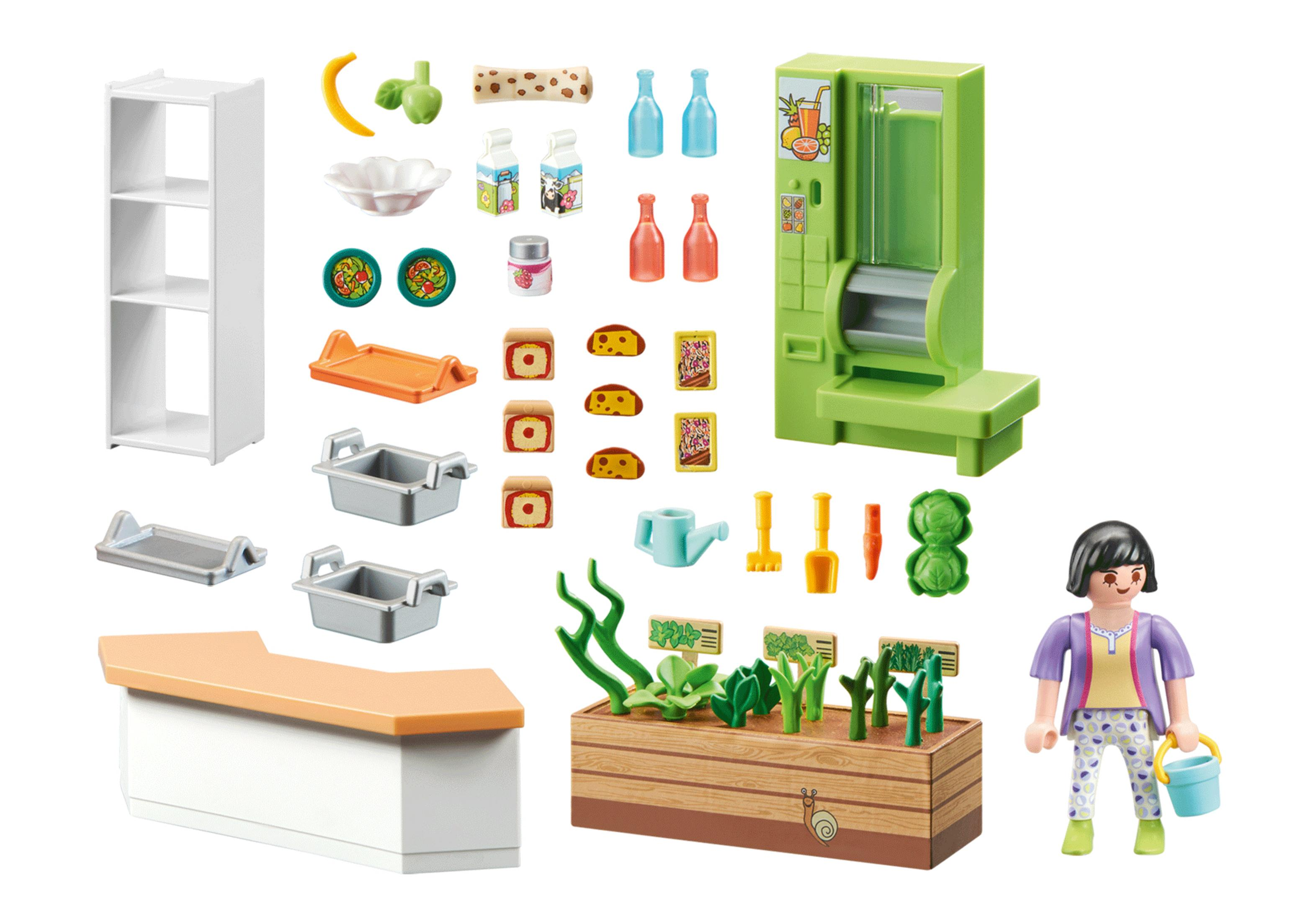 Playmobil-Spielzeug-Supermarktszene mit Regalen, Lebensmitteln, Kassierer und einer Frau mit Eimer.