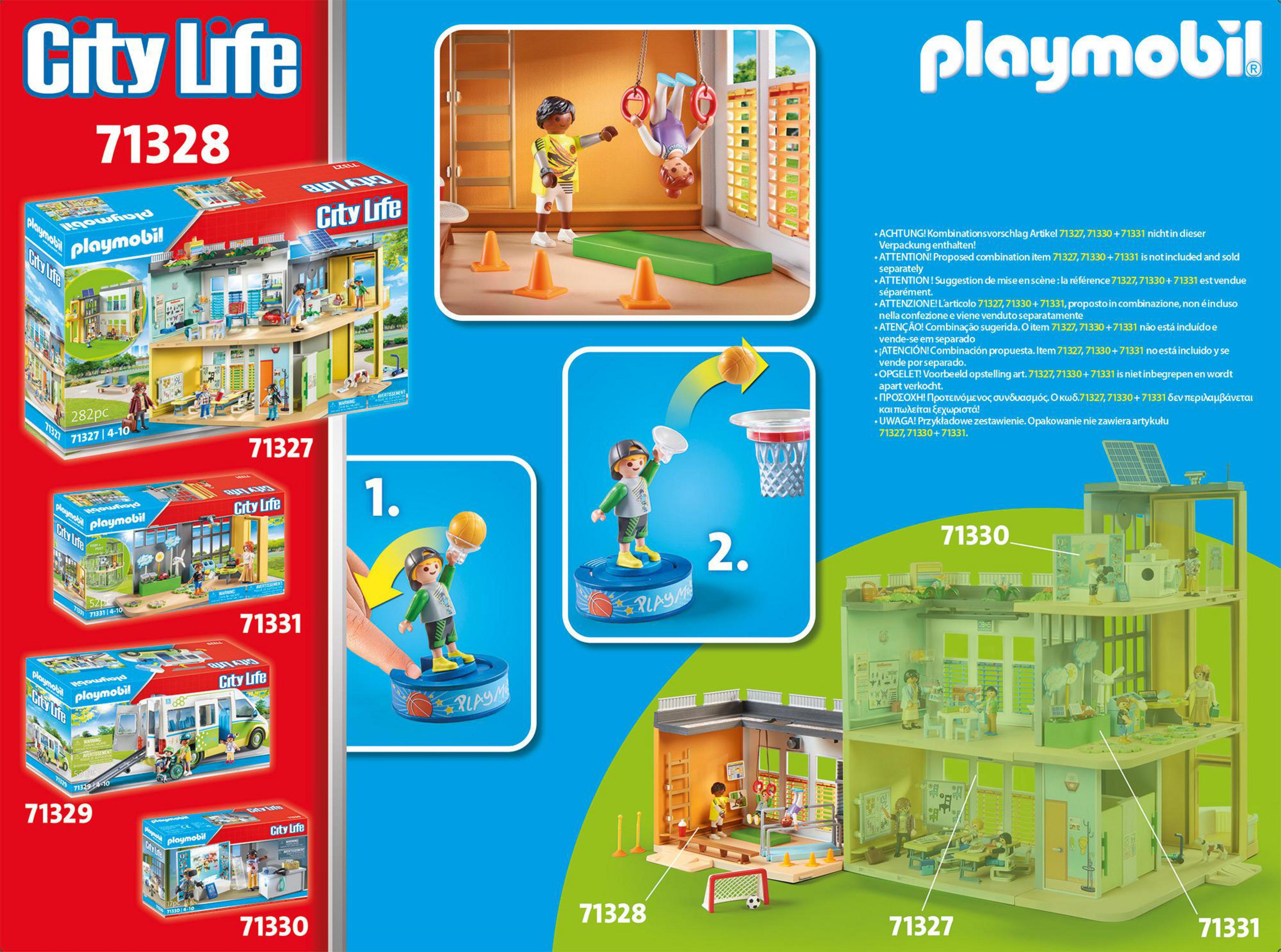 Playmobil-Set-Anzeige mit verschiedenen Spielszenarien und Produktboxen.