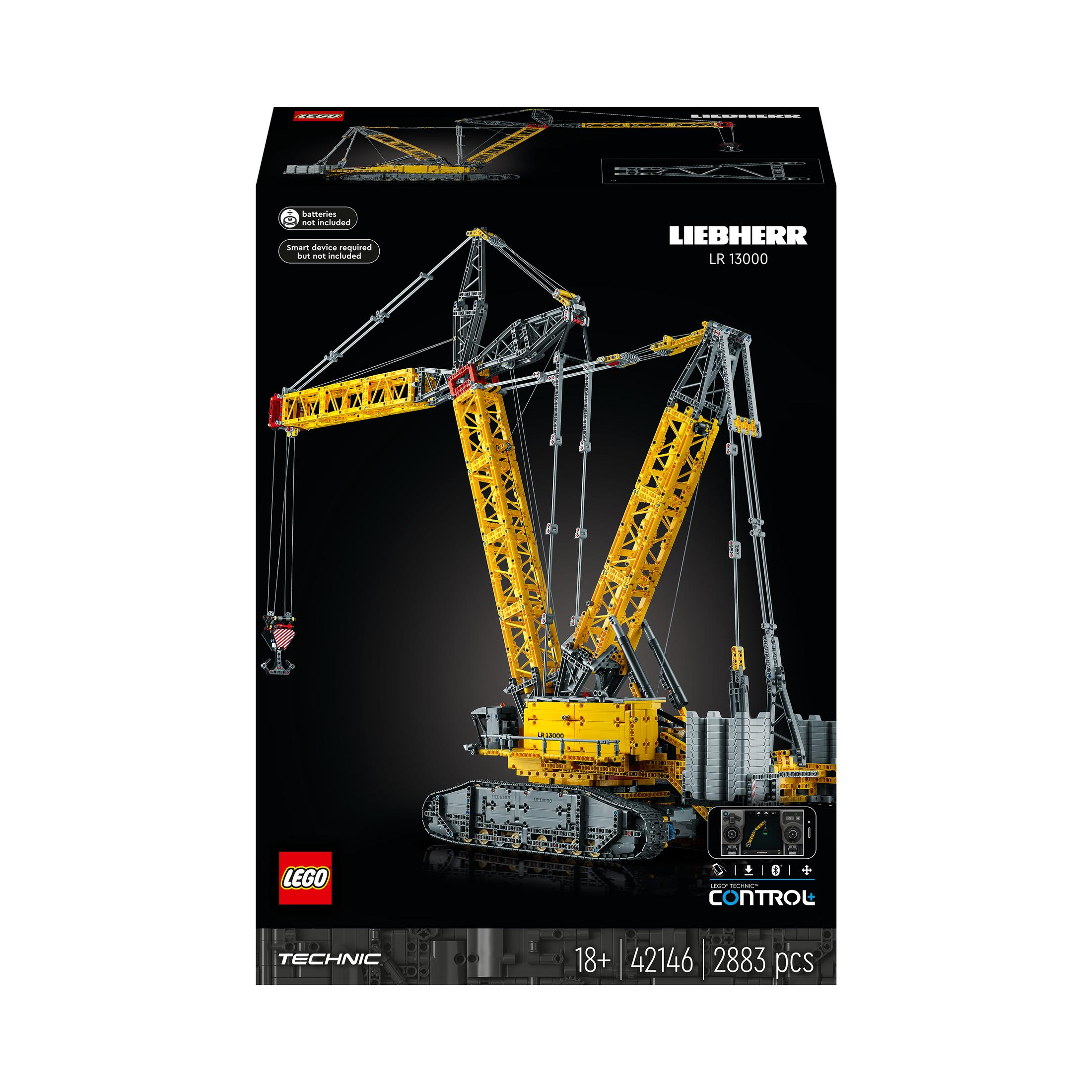 Pudełko z żurawiem Lego Technic Liebherr LR 13000. Żółty projekt żurawia na czarno-białym tle.