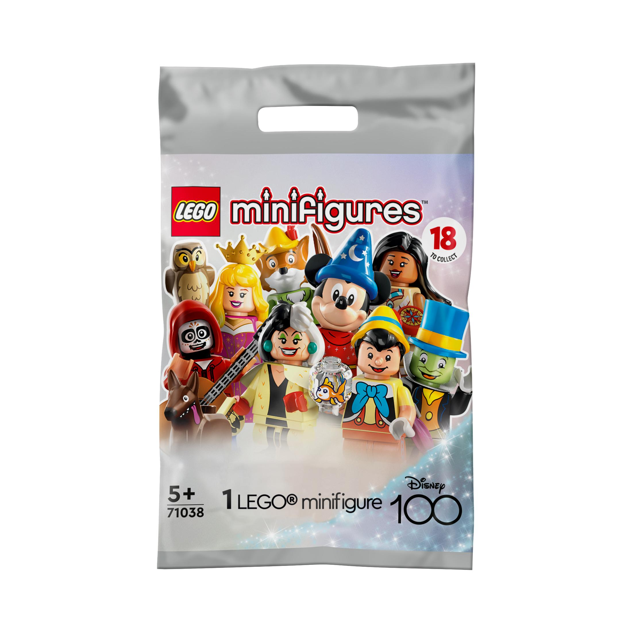 Eine Lego Minifiguren-Tüte, Disney 100 Serie. Enthält 1 Lego Minifigur. Charaktere auf der Tüte.