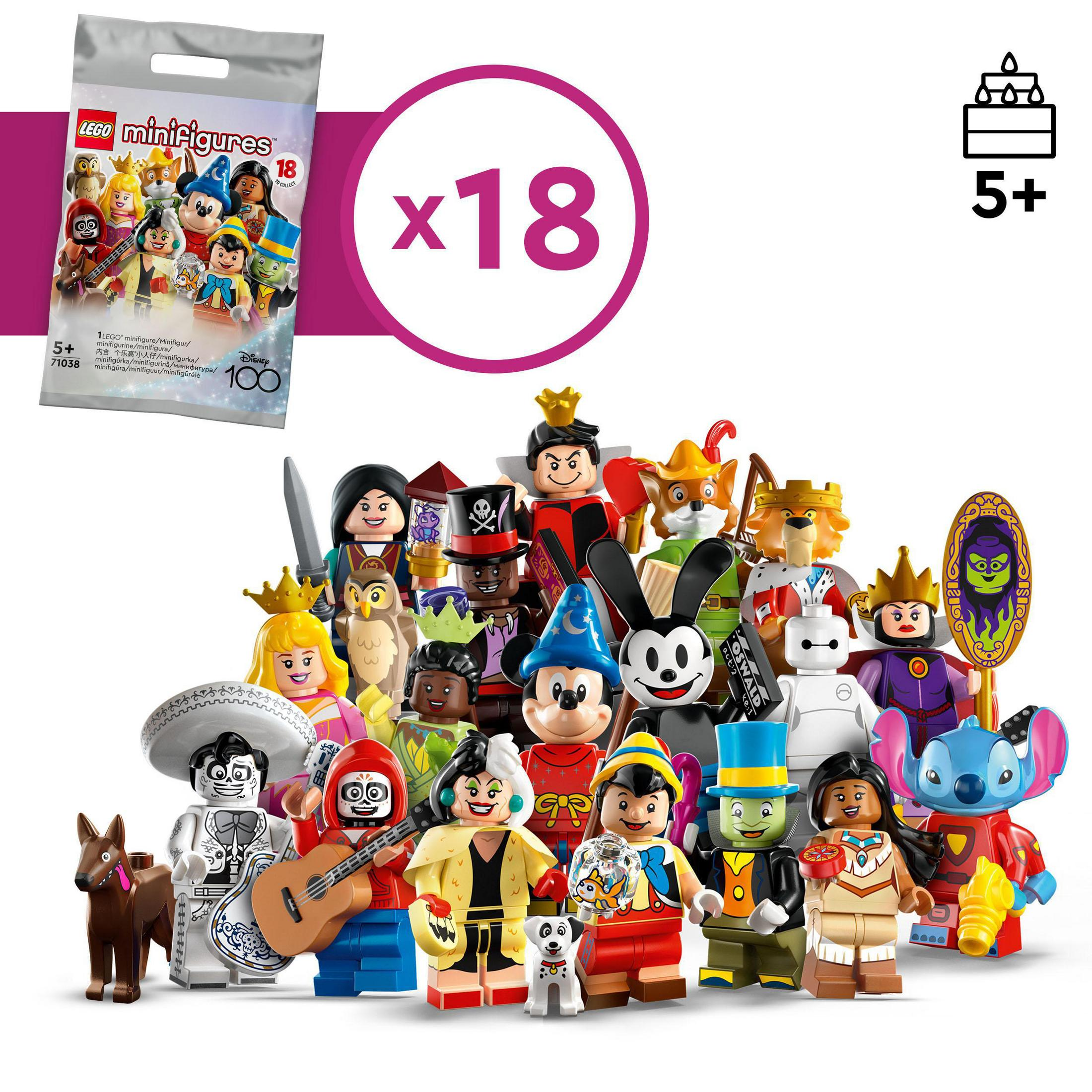 Eine Sammlung von Lego-Minifiguren mit Disney-Charakteren, mit einer Tüte Figuren hinten.