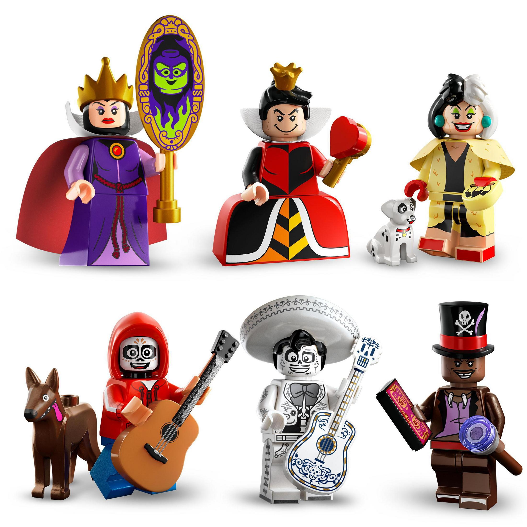 Lego-Figuren von Disney-Bösewichten. Böse Königin, Rote Königin, Cruella und andere.