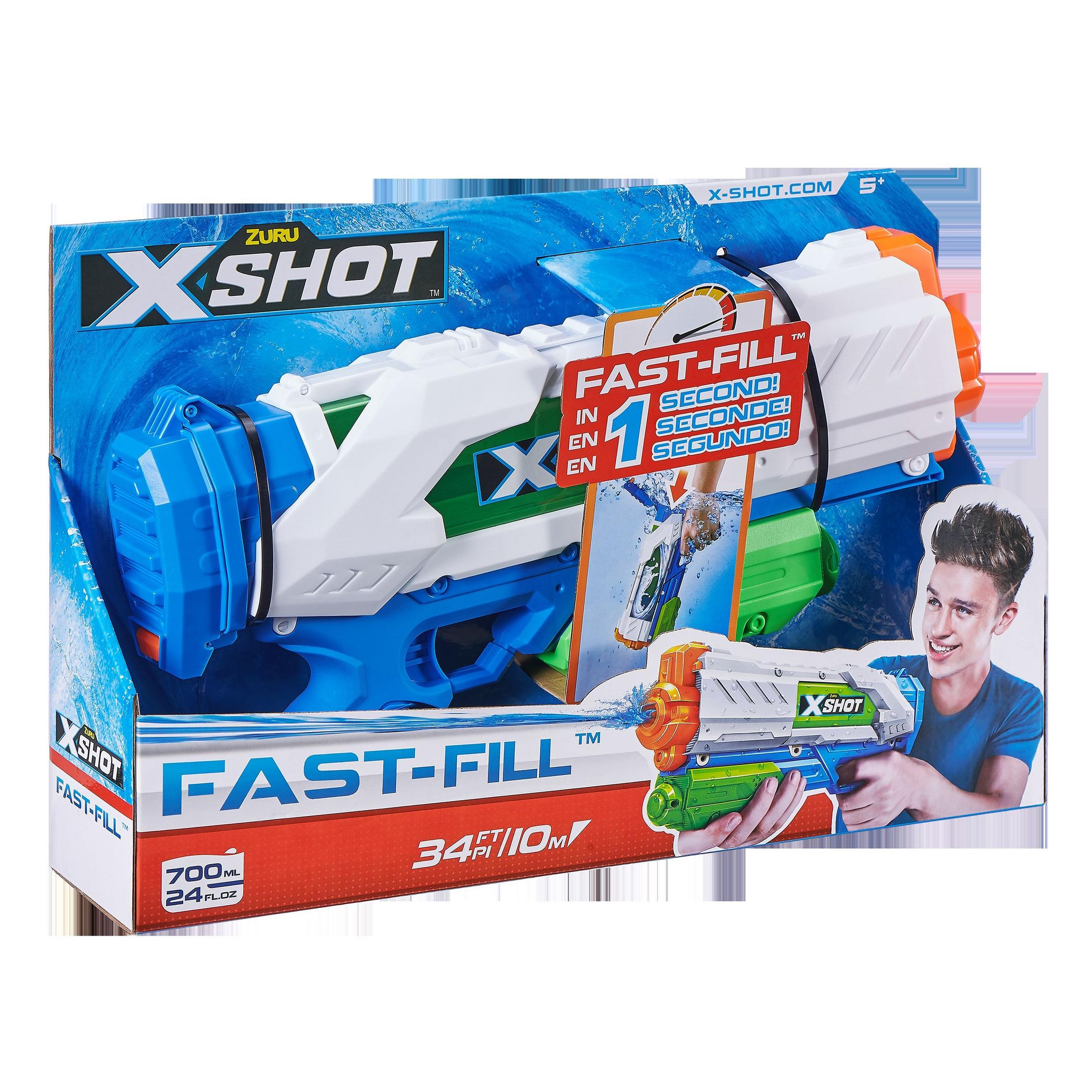 Pudełko pistoletu na wodę X-Shot Fast-Fill. Pokazuje pistolet, chłopca i funkcje.