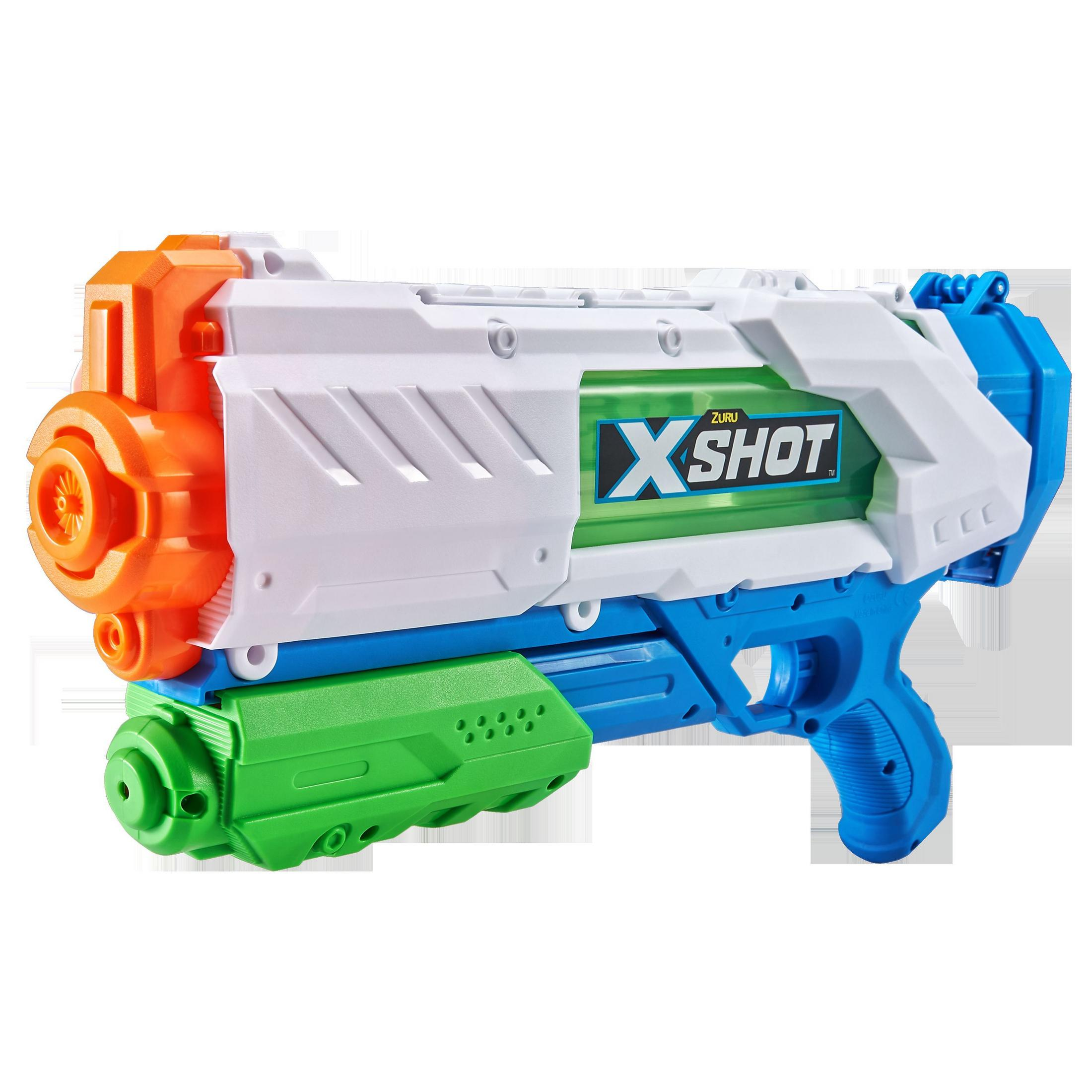 Kolorowy pistolet zabawkowy z białym korpusem, pomarańczową dyszą, zieloną podstawą i niebieskim uchwytem. Izolowany na białym.