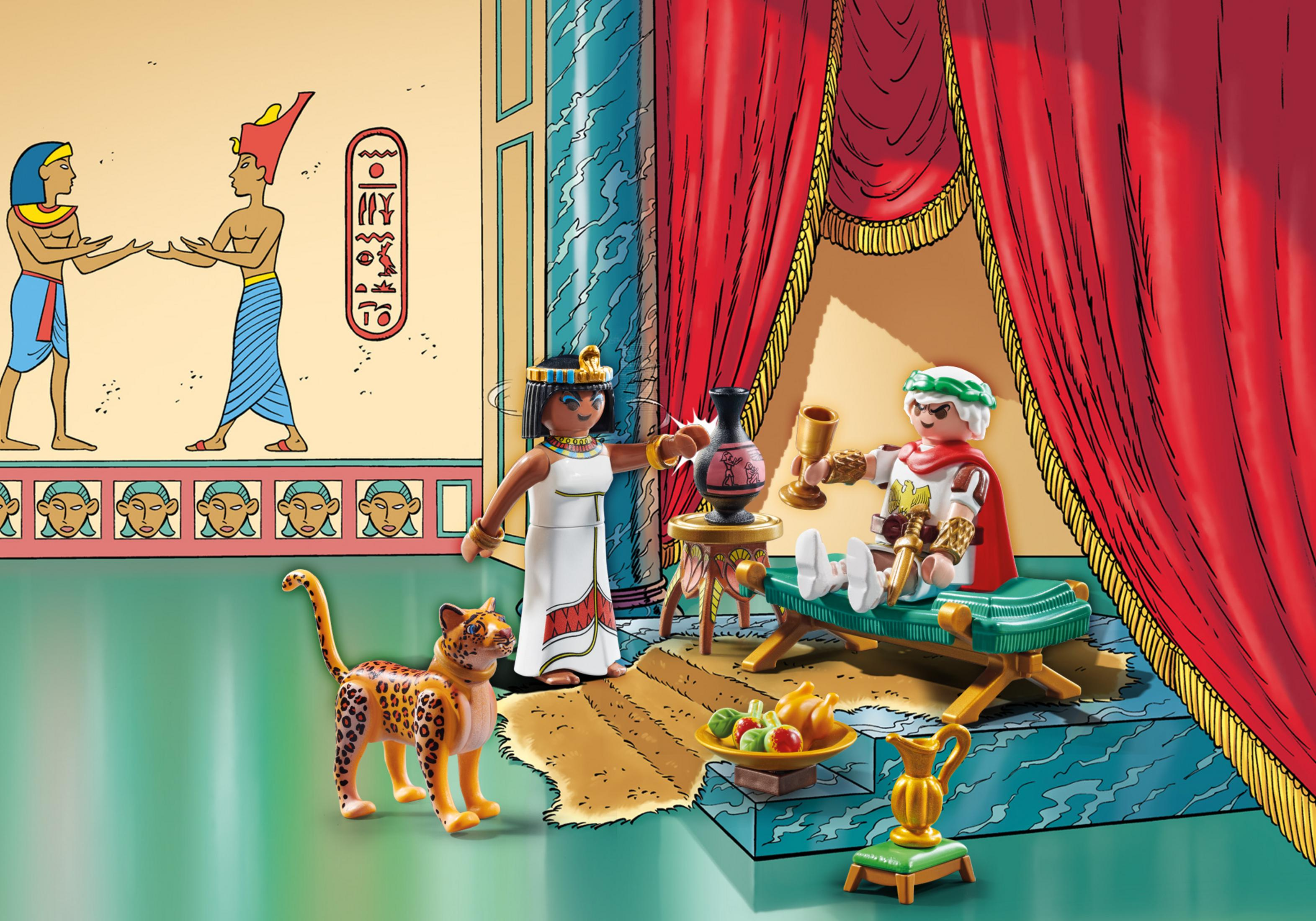 Playmobil figuren: een farao, een vrouw en een Romeinse man in een themaomgeving met een kat.