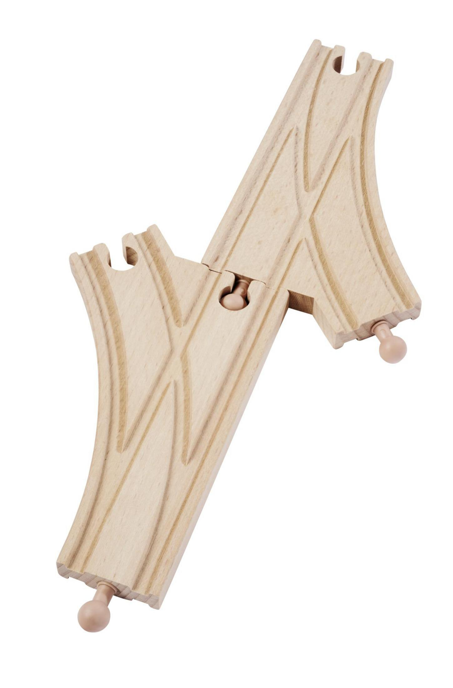 Holzspielzeug-Eisenbahnstreckenteil mit einer Weiche, verbunden mit einem Stift.