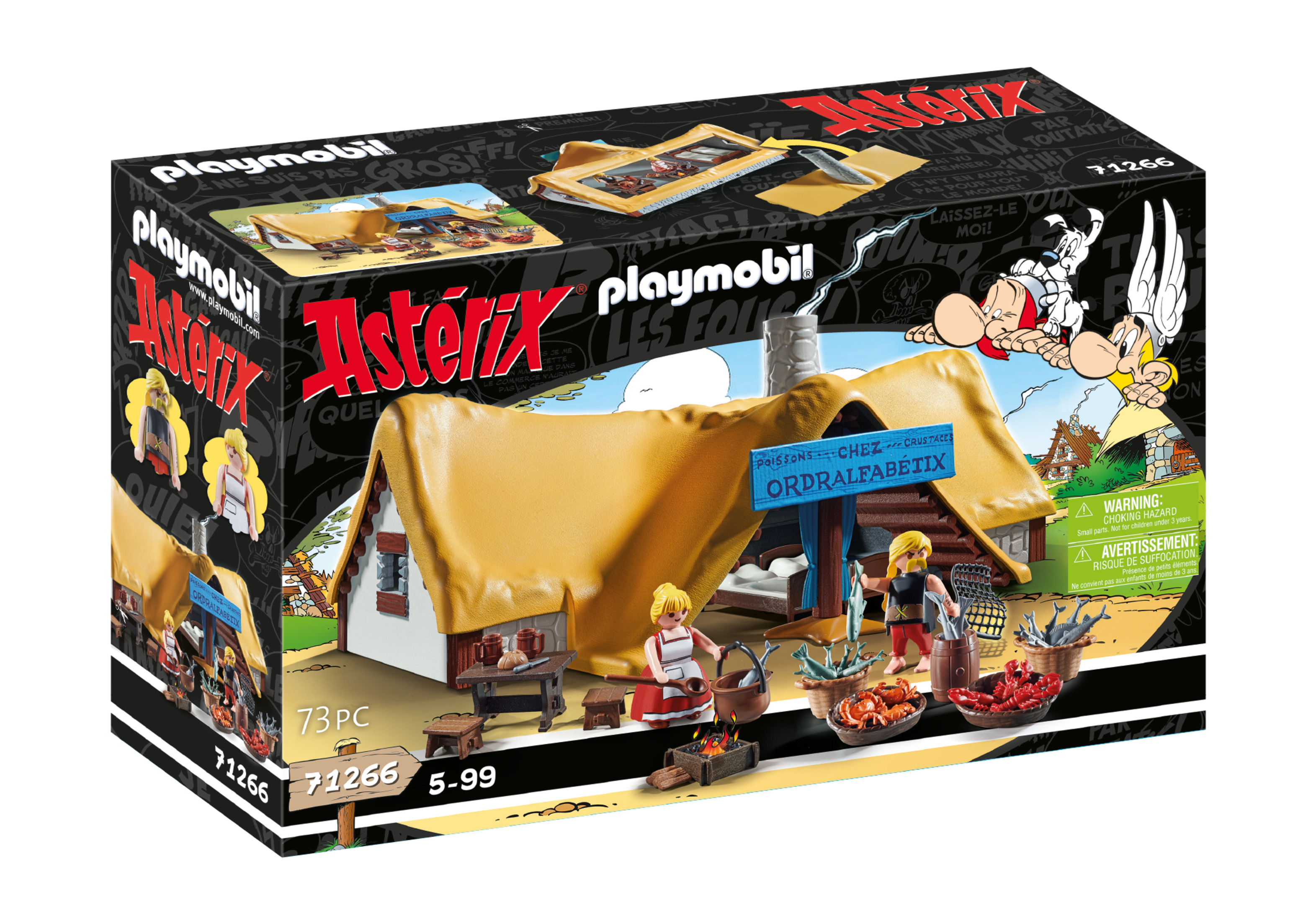 Playmobil Asterix Spielset. Die Box zeigt eine Dorfszene mit Figuren, einem Haus und Text.