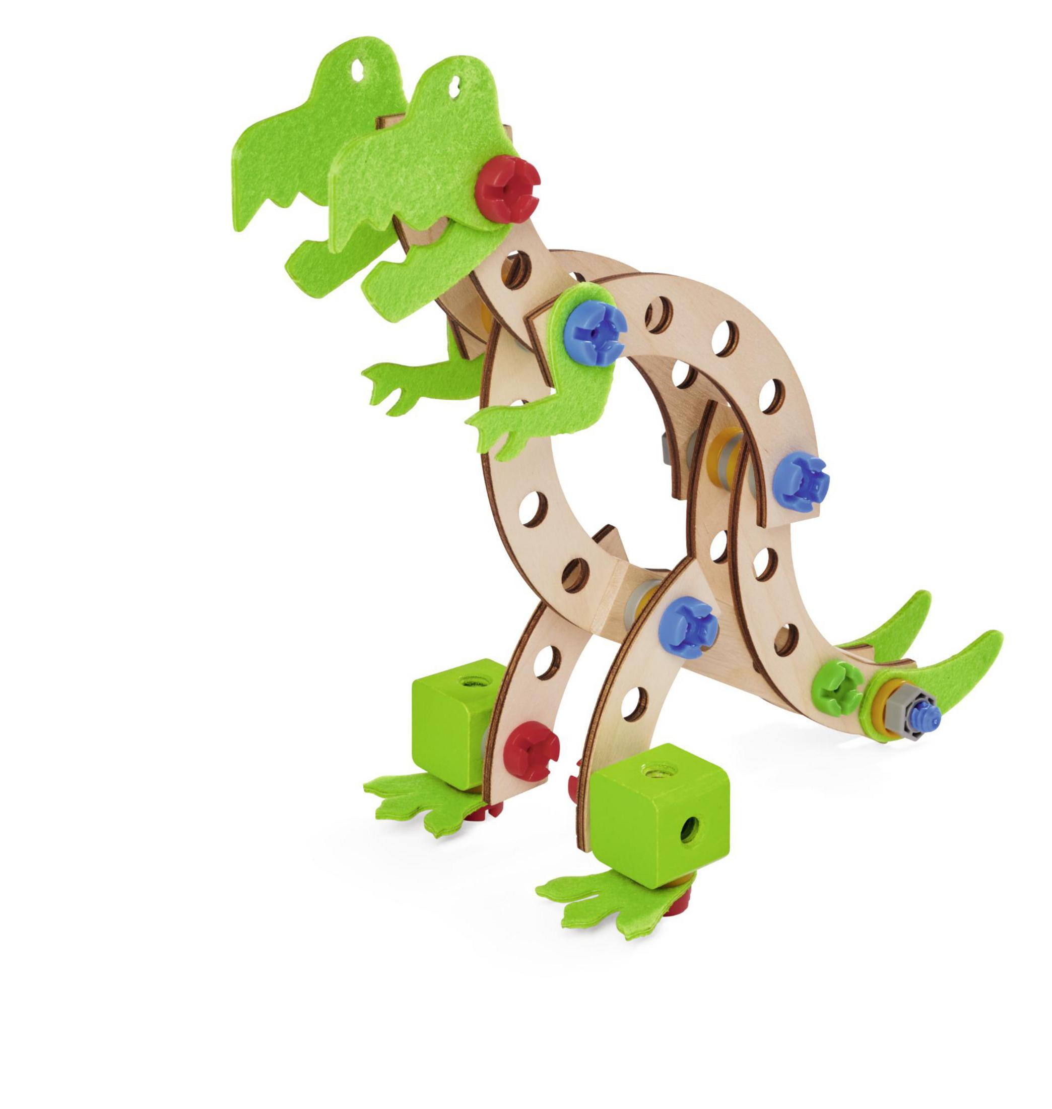 Ein Holz-Dinosaurierspielzeug mit grünen Filzdetails und roten und blauen Schrauben.