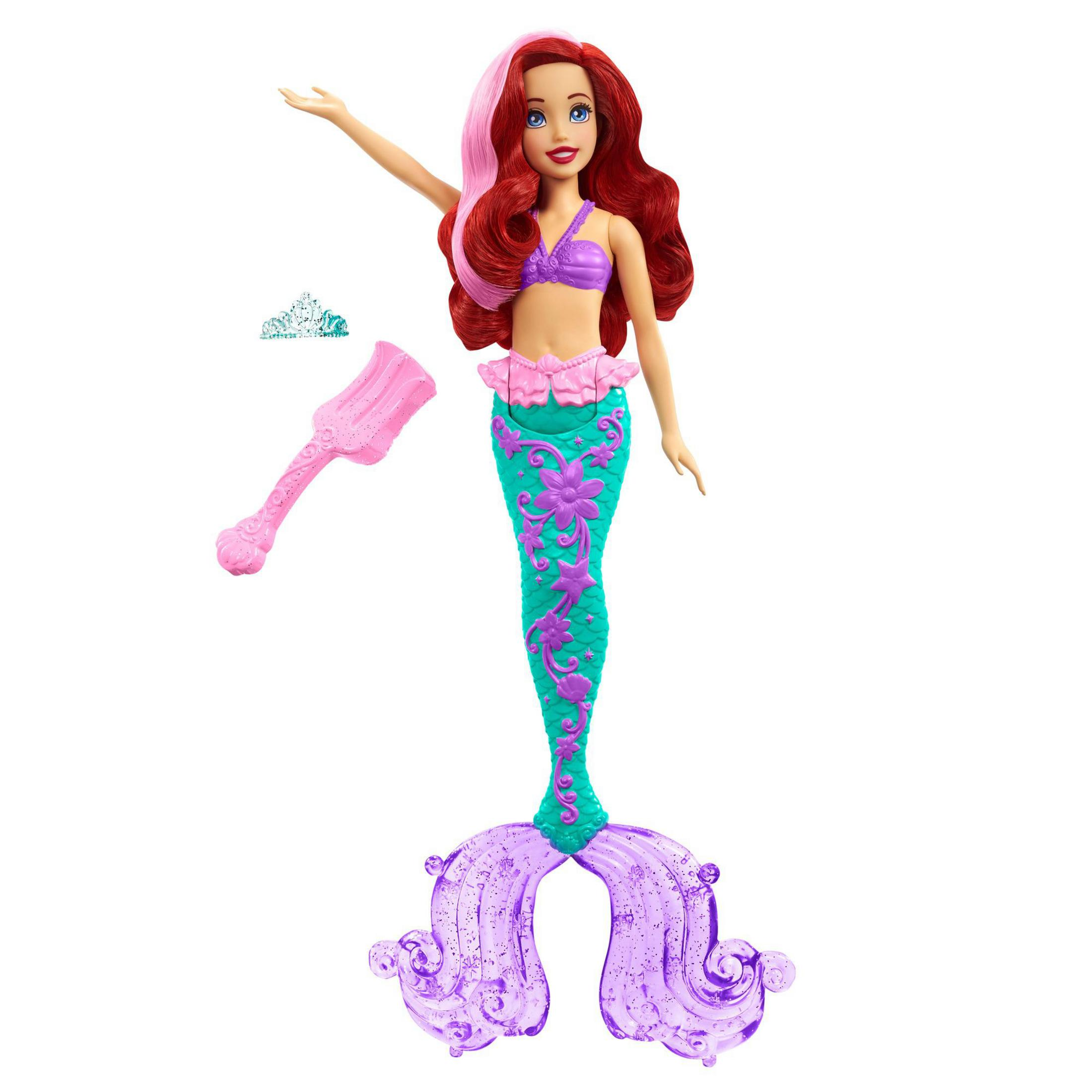 Ariel-Puppe, mit rotem Haar, lila Oberteil und Schwanz. Zubehör: eine Bürste und eine Krone.