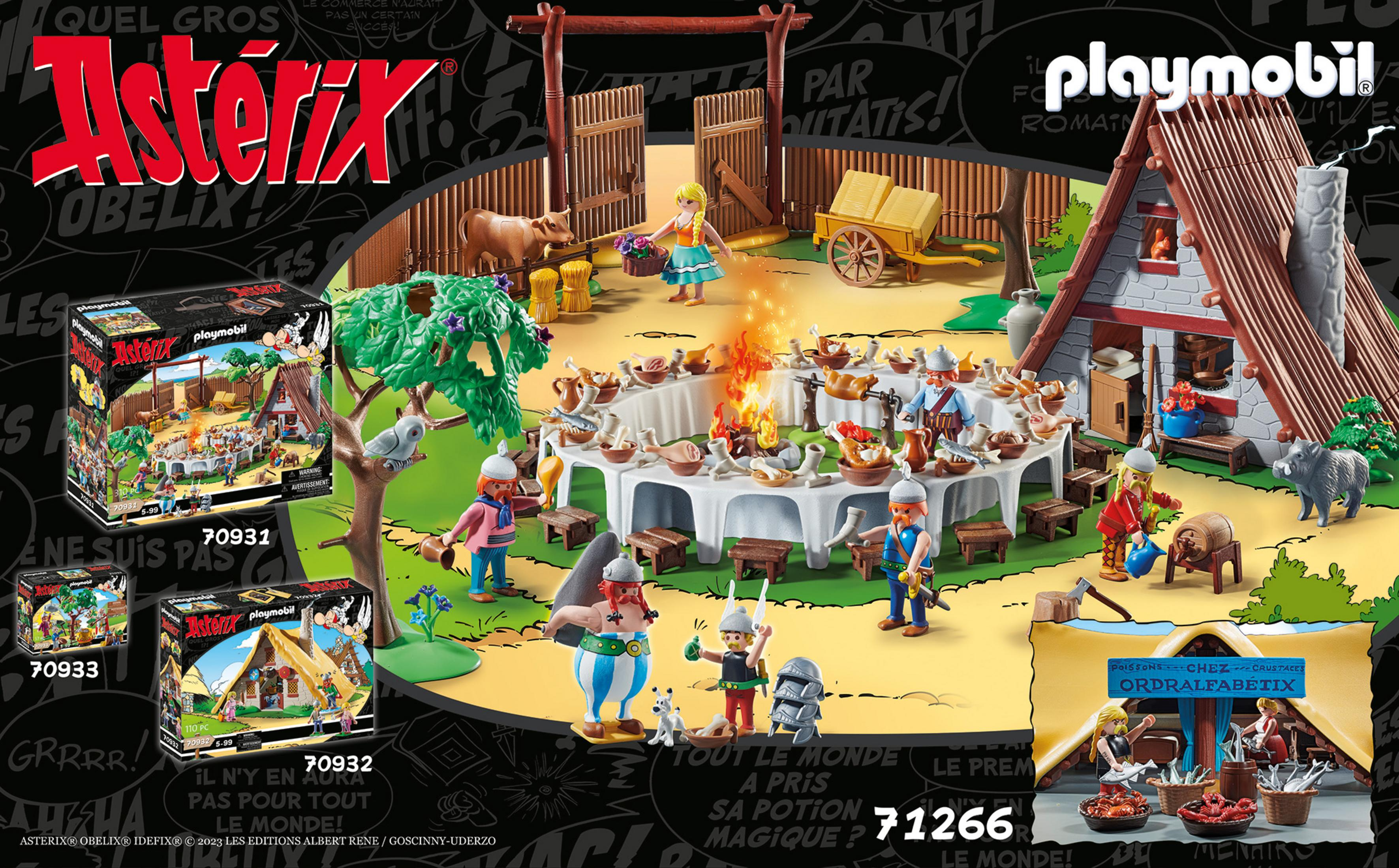 Playmobil-Set mit Asterix-Dorfszene. Enthält Figuren, ein Haus, Essen und einen Wagen.