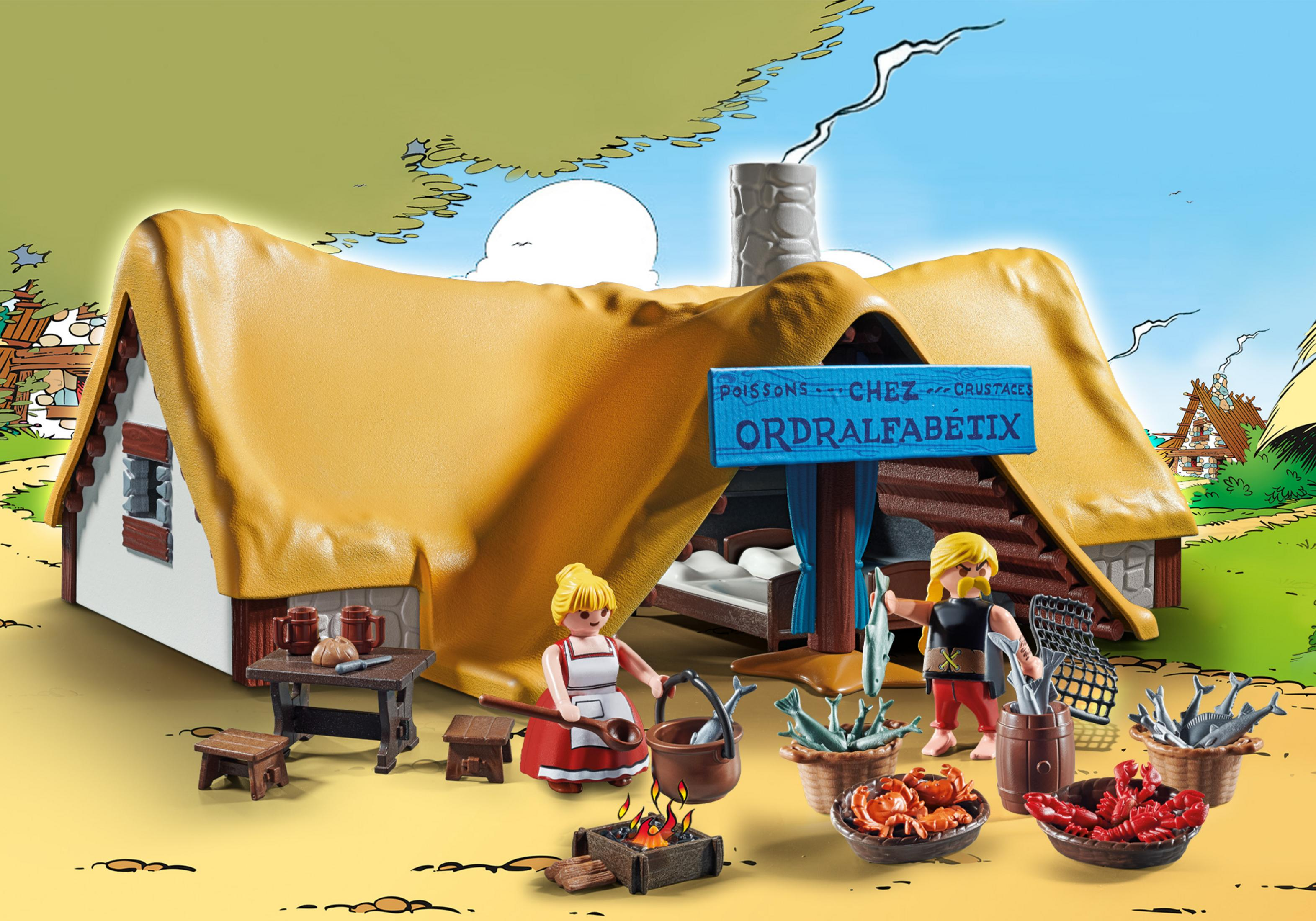 Ein Playmobil-Set mit einer Fischmarkt-Szene. Figuren sind vorhanden, zusammen mit einem Gebäude, Essen und Requisiten.