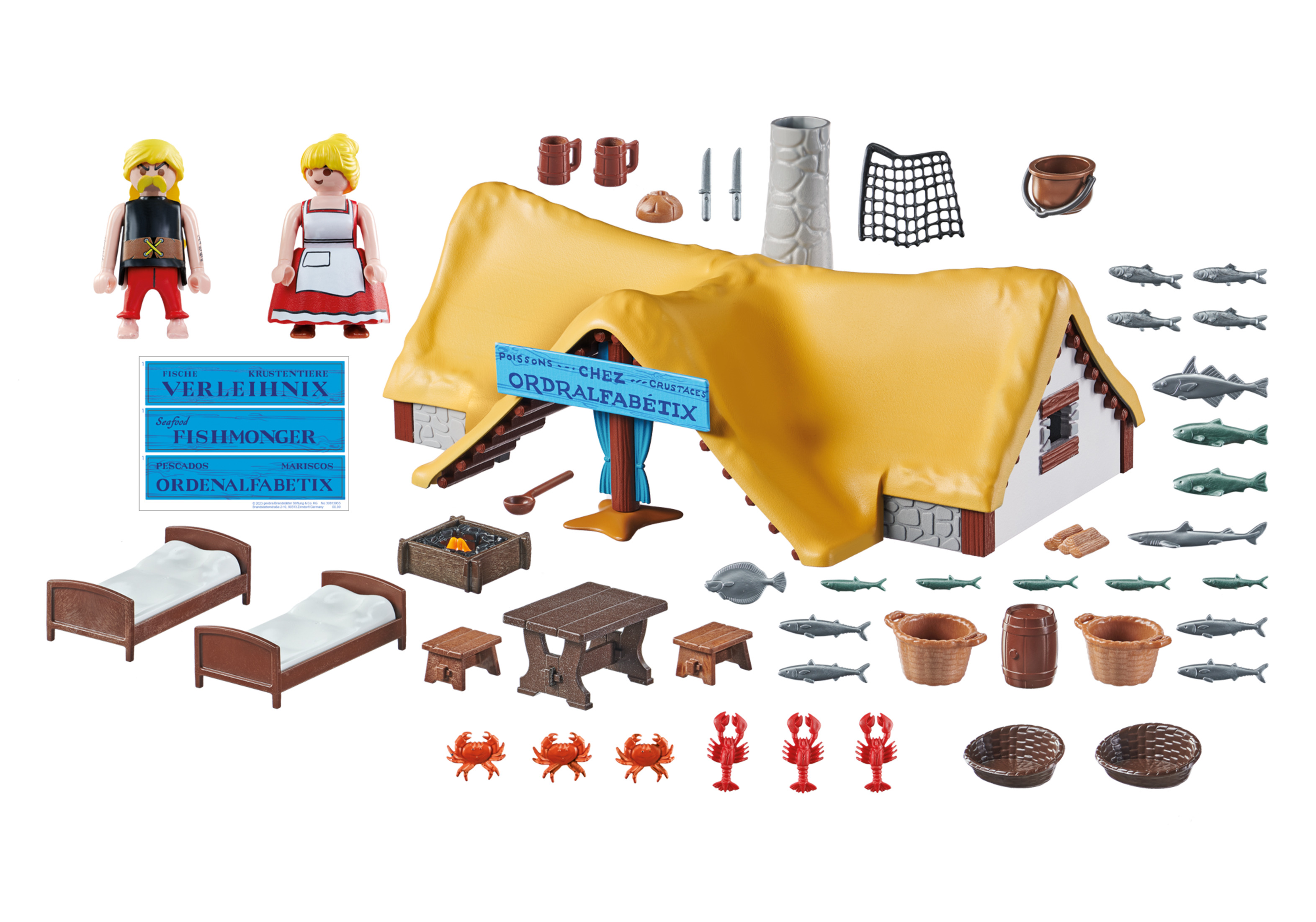 Ein Playmobil-Set mit Figuren, einem Gebäude und Zubehör. Das Set ist um einen Fischhändlerladen herum thematisiert.