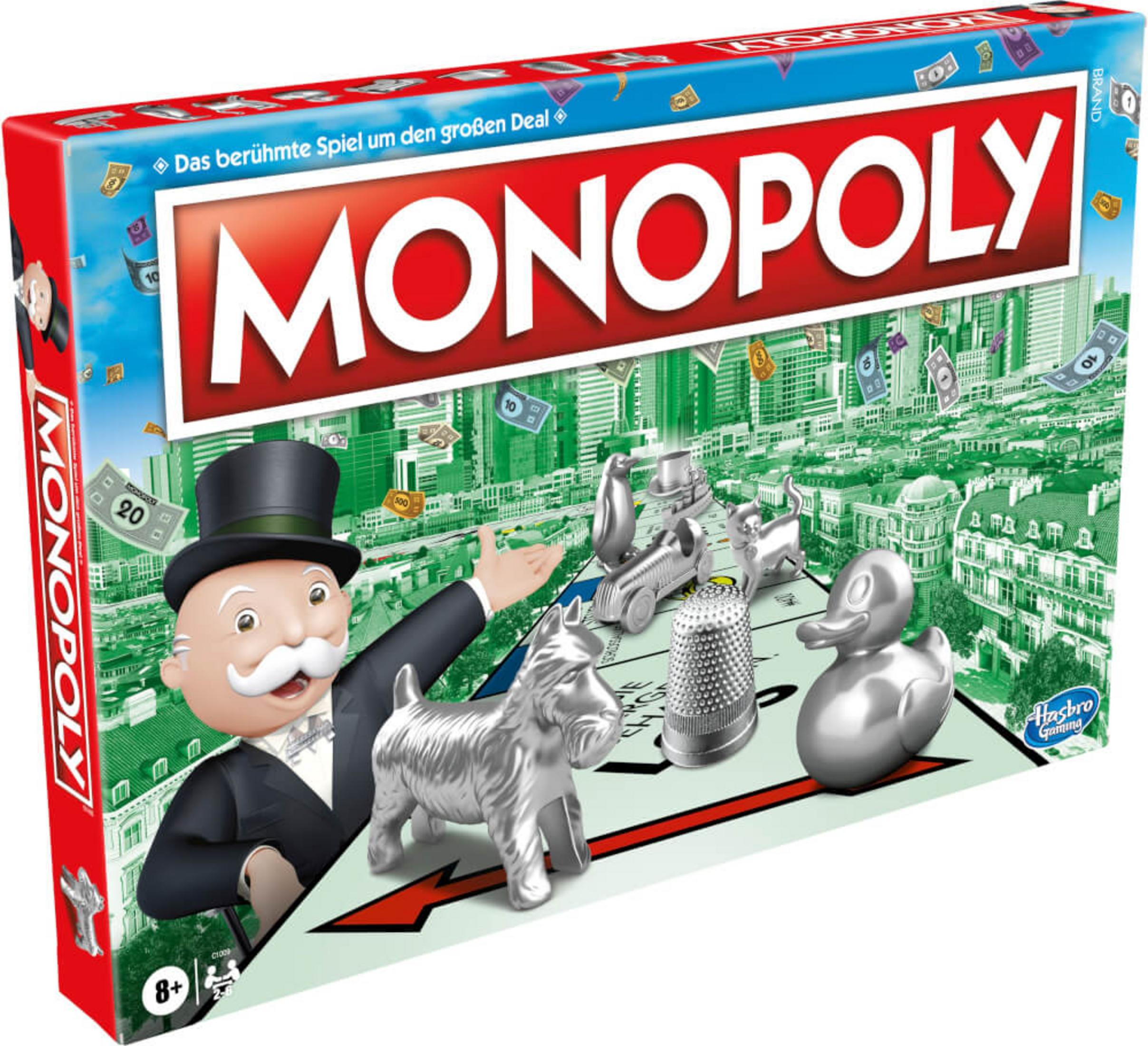 Pudełko gry planszowej Monopoly z panem Monopoly, pionkami i tłem miasta.