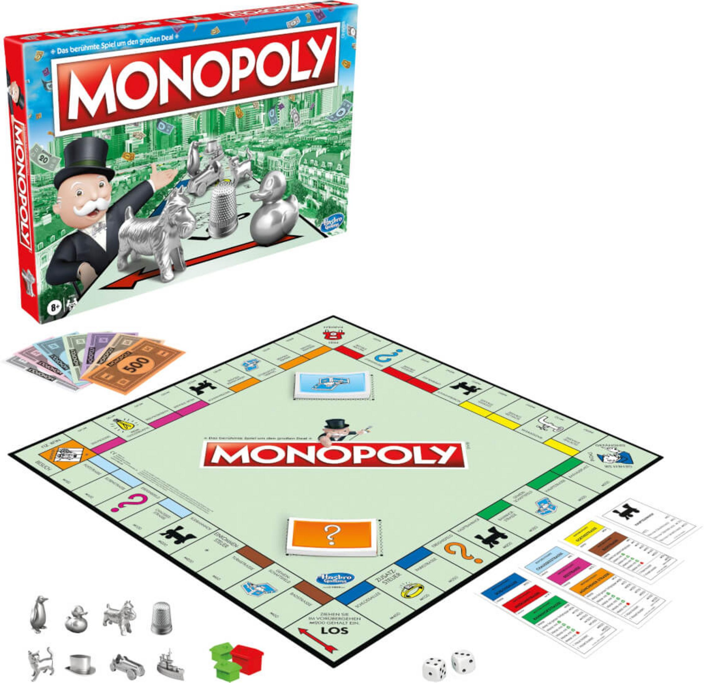 Zestaw gry planszowej Monopoly z planszą, pieniędzmi i pionkami.