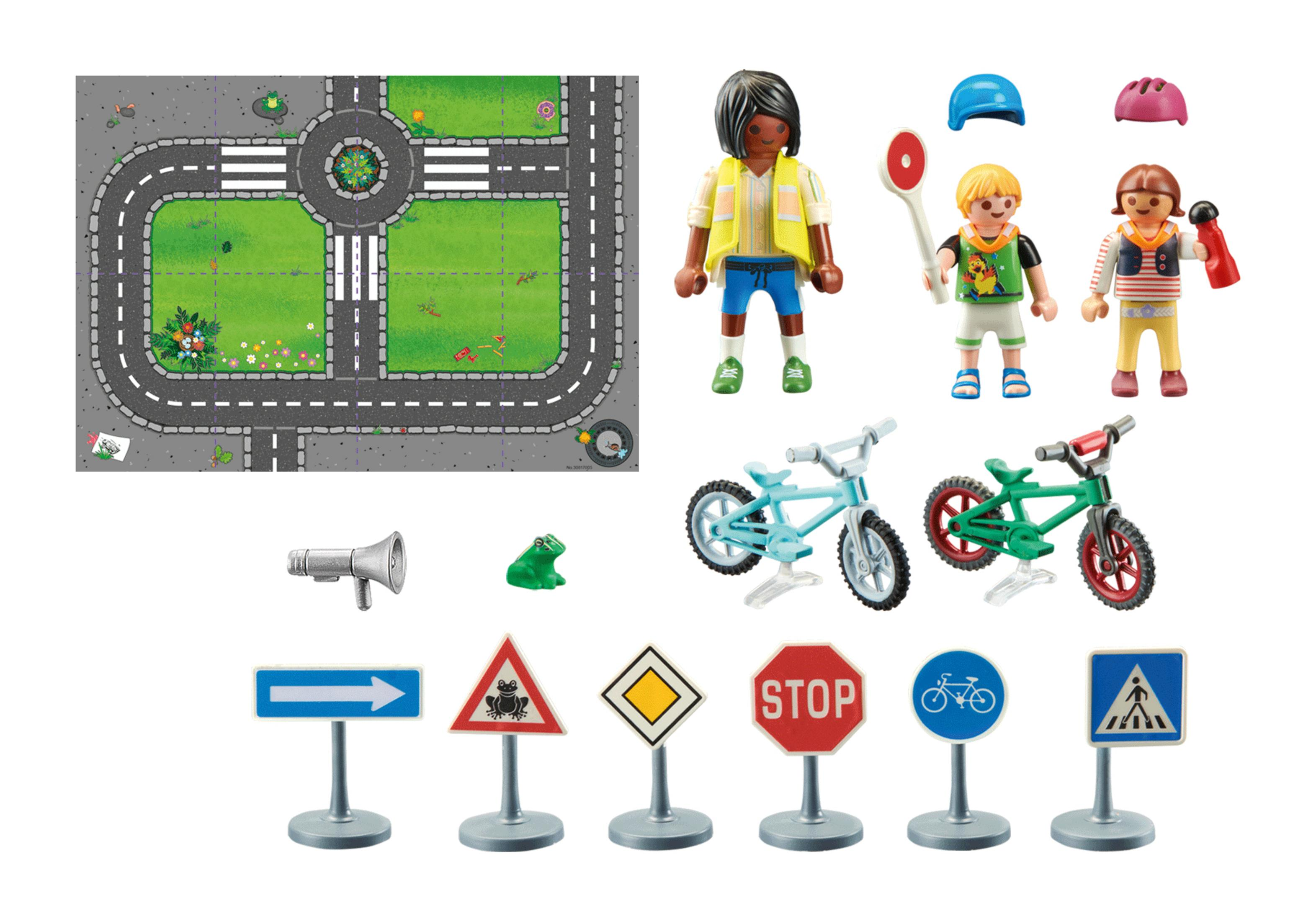 Playmobil-Set mit Figuren, Fahrrädern, Straßenschildern, Straßenkarte und Frosch auf weißem Grund.