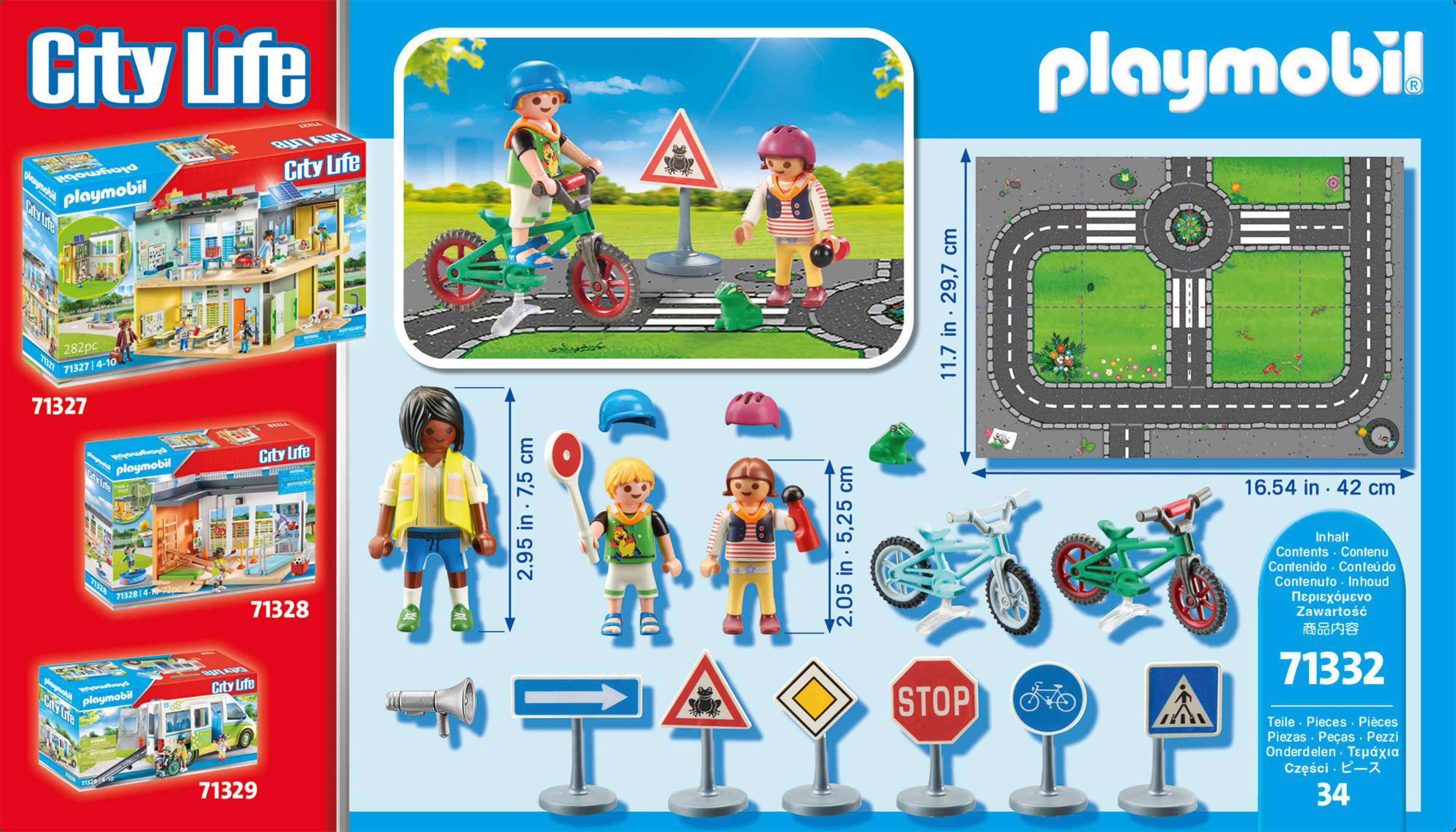 Playmobil City Life Set. Enthält Figuren, Verkehrsschilder, Fahrräder und eine Straßenlayout-Diagramm.