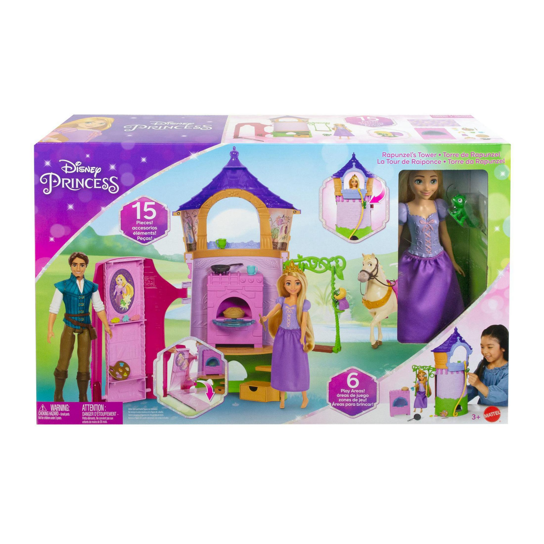 Ein Disney Princess Rapunzel Spielzeugset in einer Box mit Figuren und einem Turm-Spielset. Inklusive Zubehör.