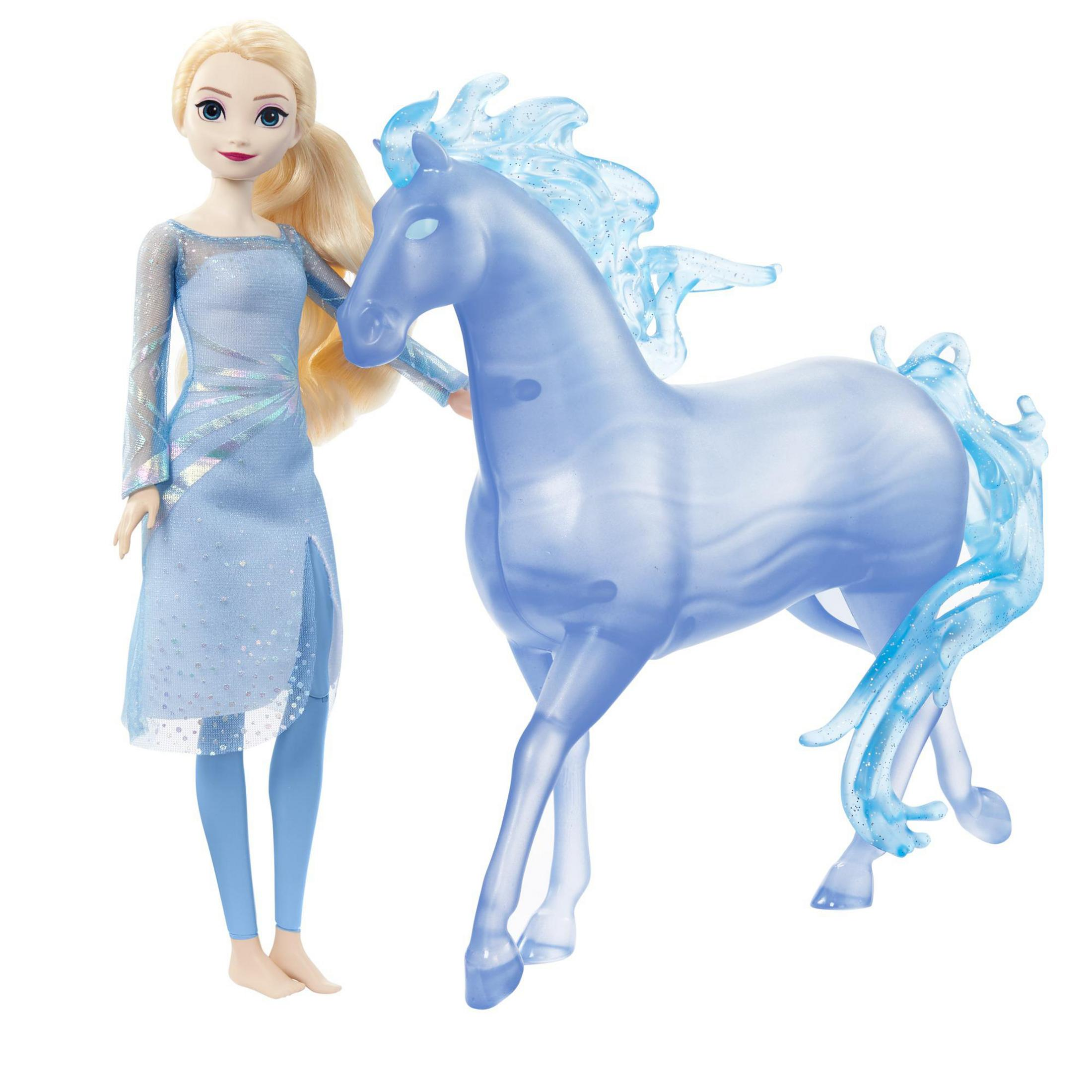 Elsa-Puppe und ein blaues Pferdespielzeug.