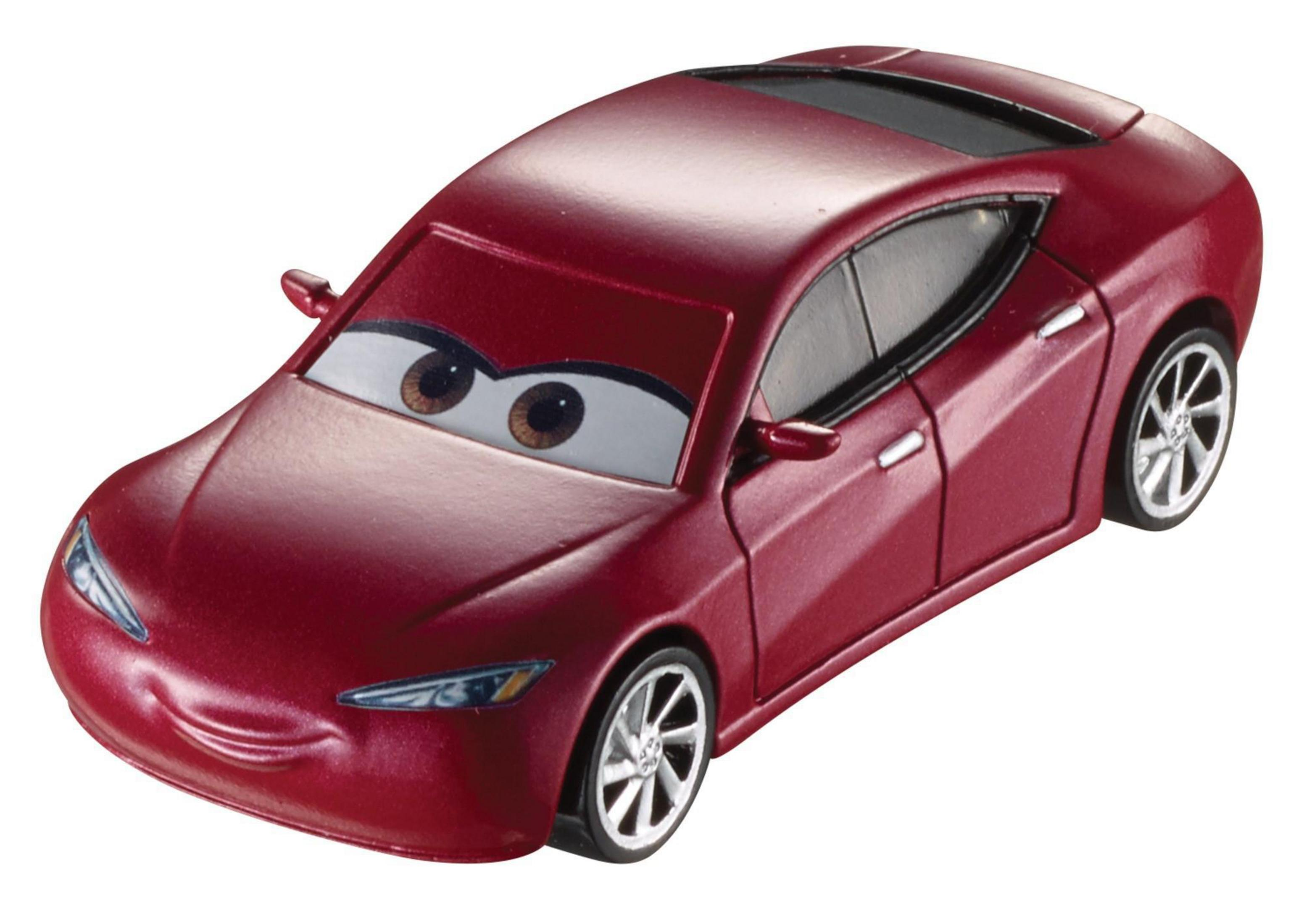 Ein rotes Spielzeugauto mit Augen und einem lächelnden Mund. Das Auto hat Scheinwerfer und silberne Räder.