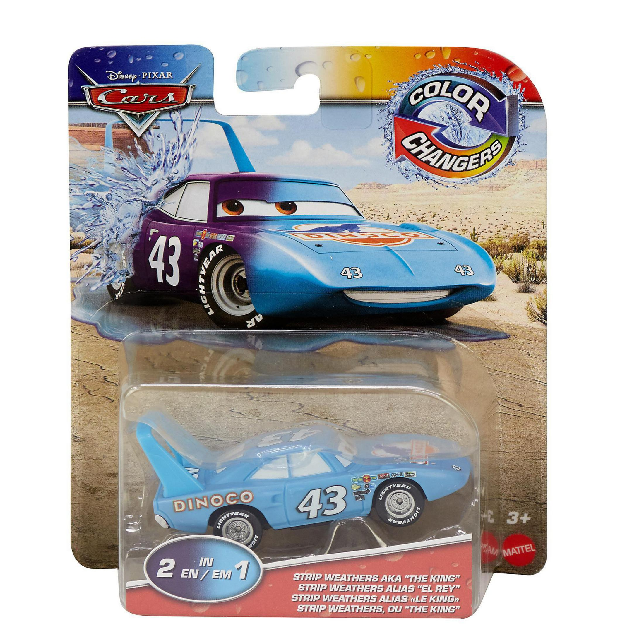 Zabawkowy samochód Disney Cars w opakowaniu. Samochód jest niebieski i fioletowy z numerem 43.
