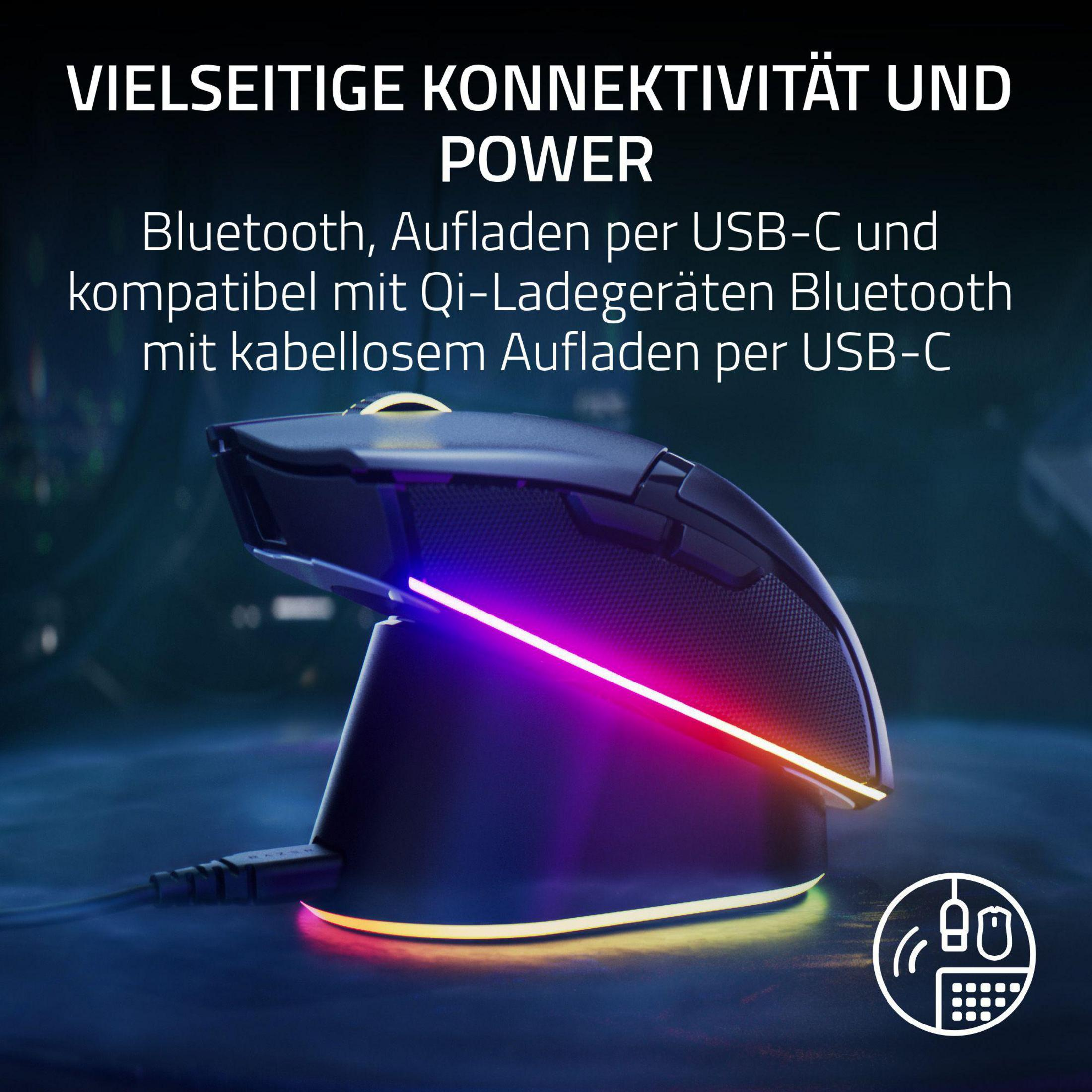 Mouse da gioco su una base di ricarica. Ha illuminazione RGB e testo sulle funzionalità.