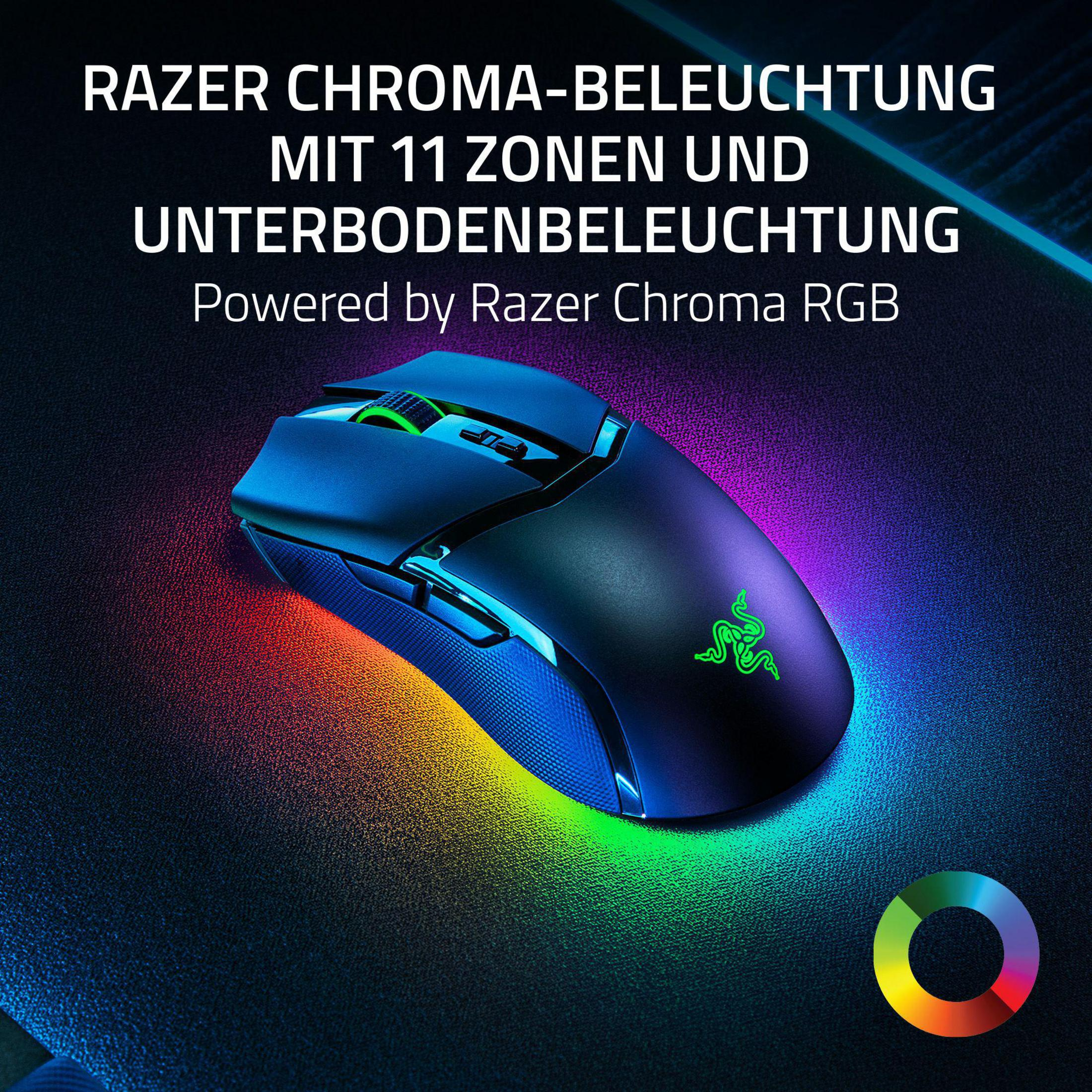 Un mouse da gioco, nero con illuminazione RGB. Il logo Razer è visibile, con illuminazione colorata sul mouse.