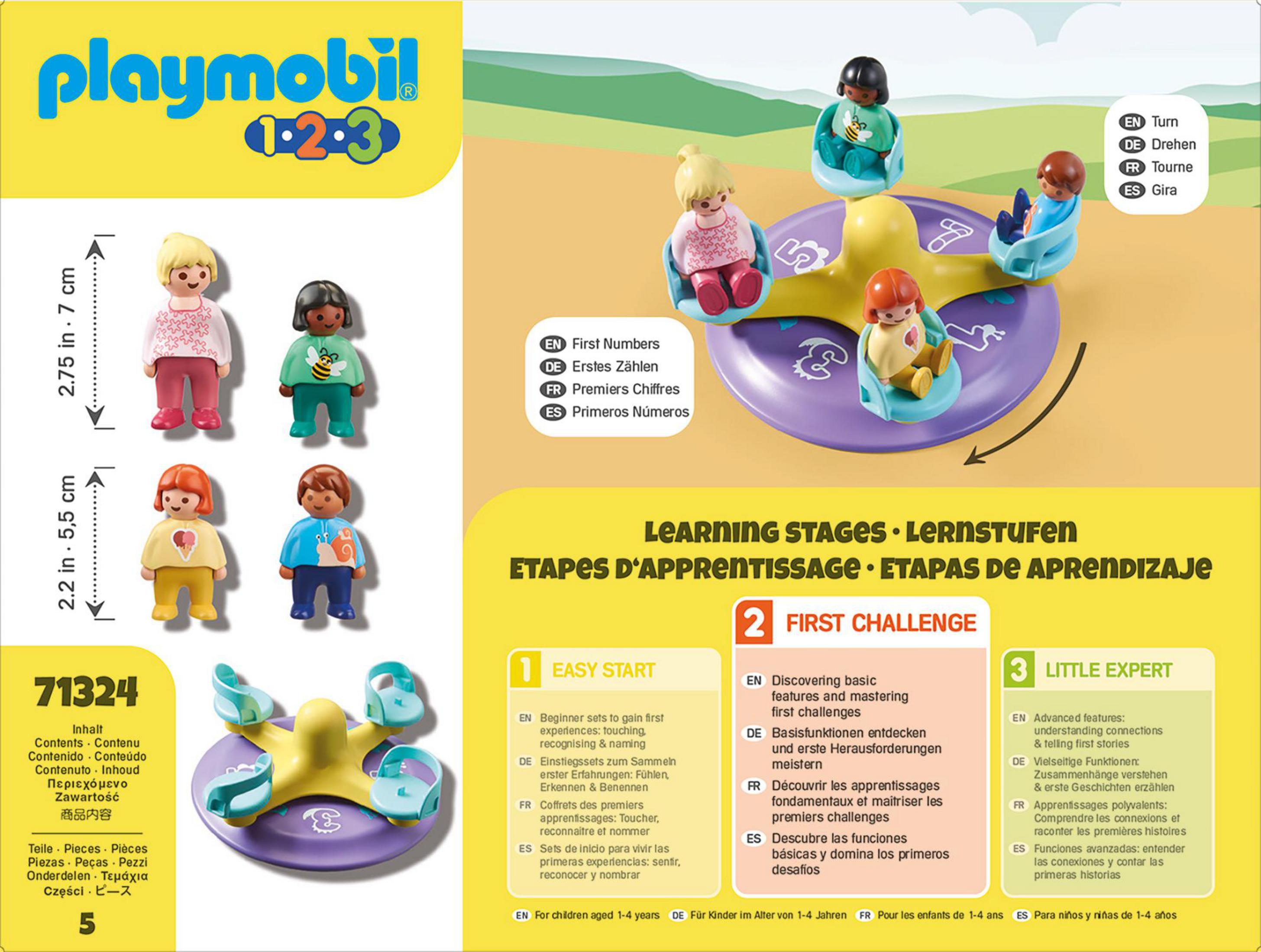 Un set di giocattoli Playmobil. Mostra una giostra e varie piccole figure. La scatola presenta testo in più lingue.