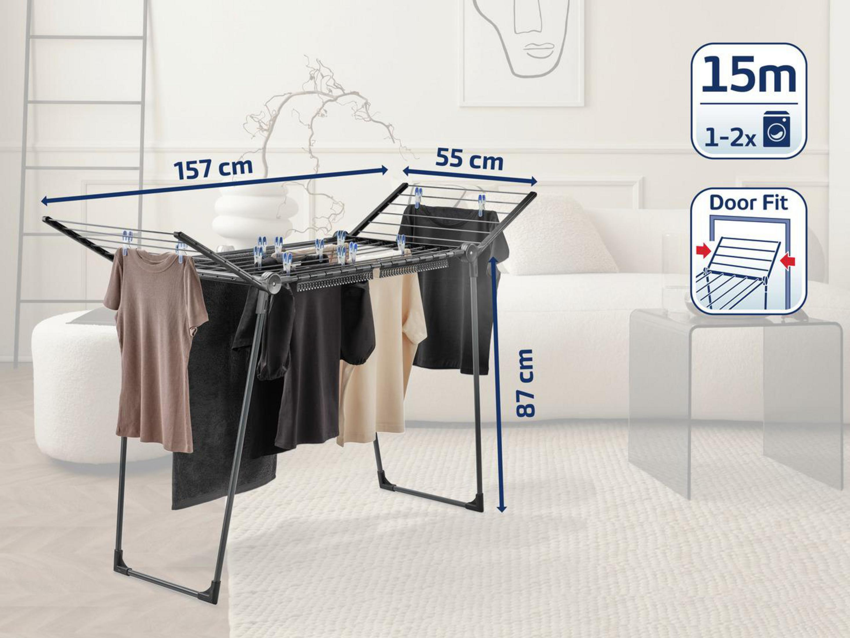 Stojak do suszenia ubrań z wiszącymi ubraniami, z wymiarami i infografikami.