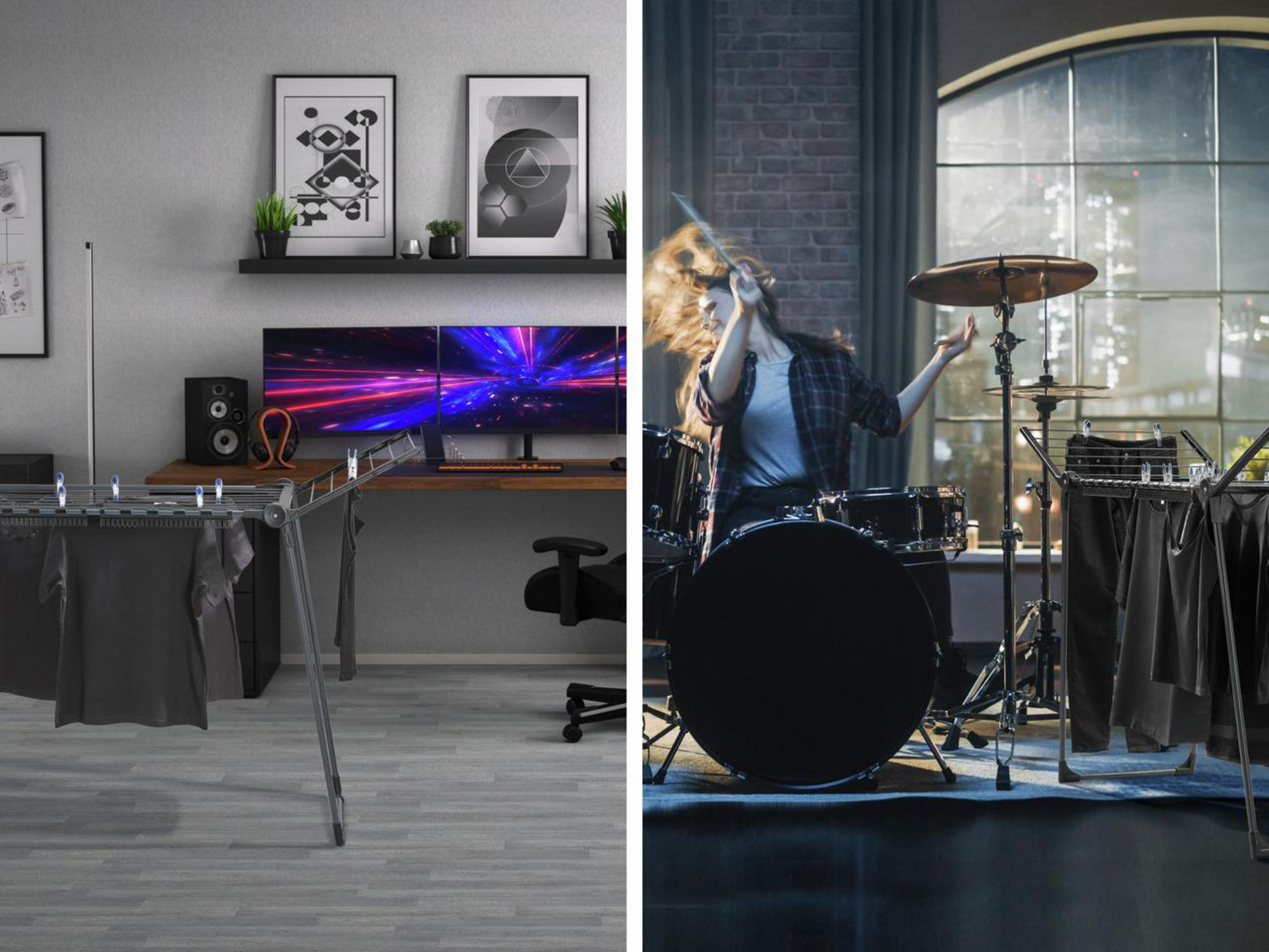 Pokój z kobietą grającą na perkusji, praniem na stojaku i komputerem.