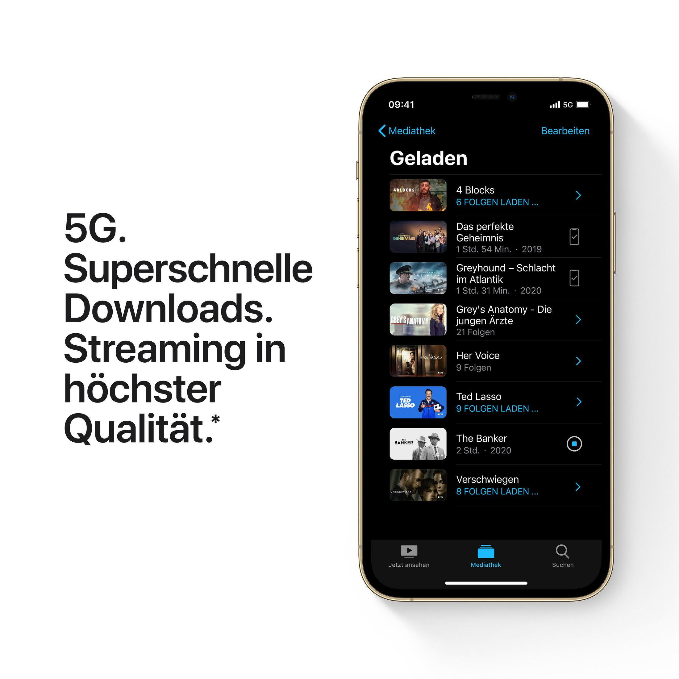 Smartfon z aplikacją multimedialną z opcjami streamingu. Tekst: 5G. Superszybkie pobieranie.