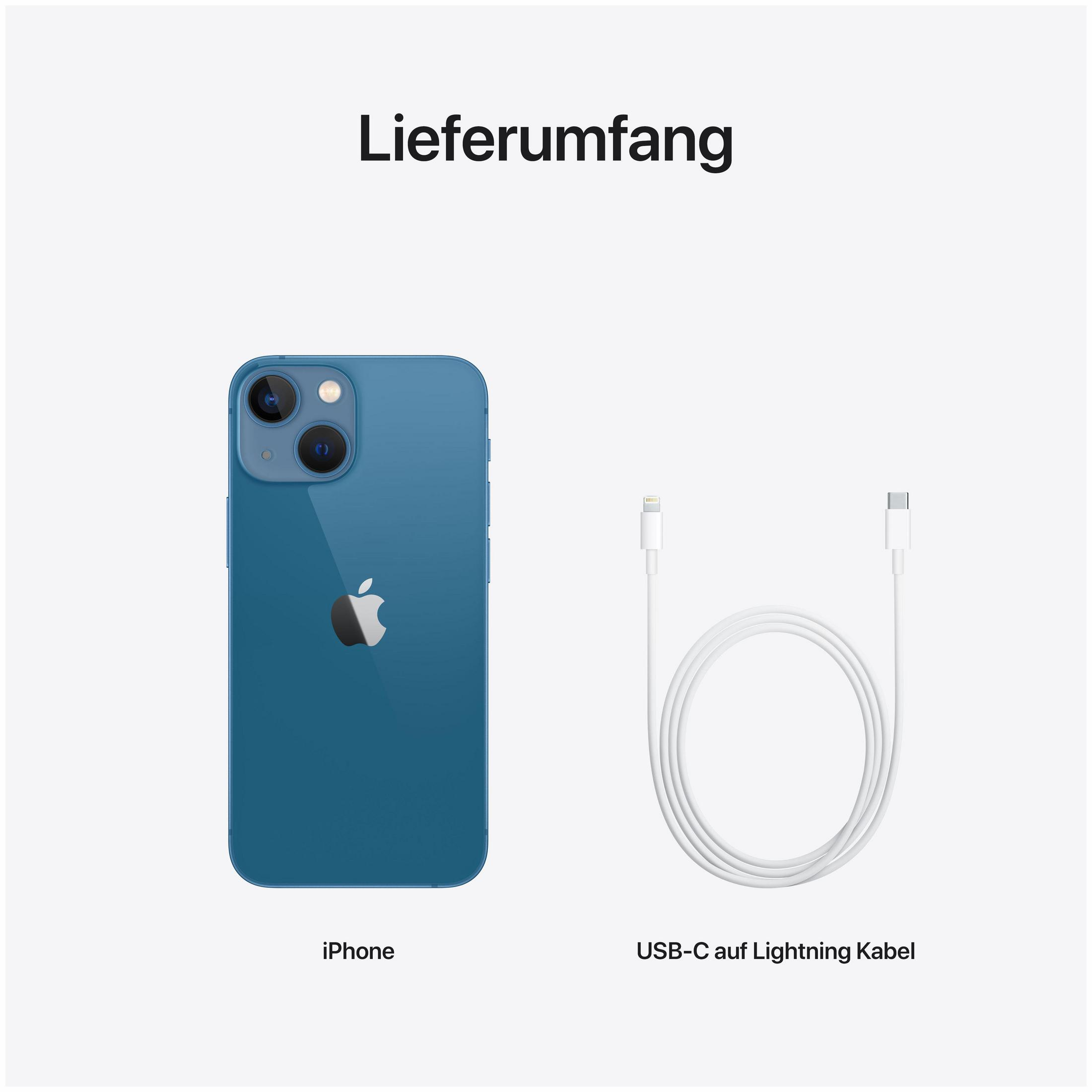 iPhone i kabel ładujący na białej powierzchni, nad nimi tekst "Lieferumfang".