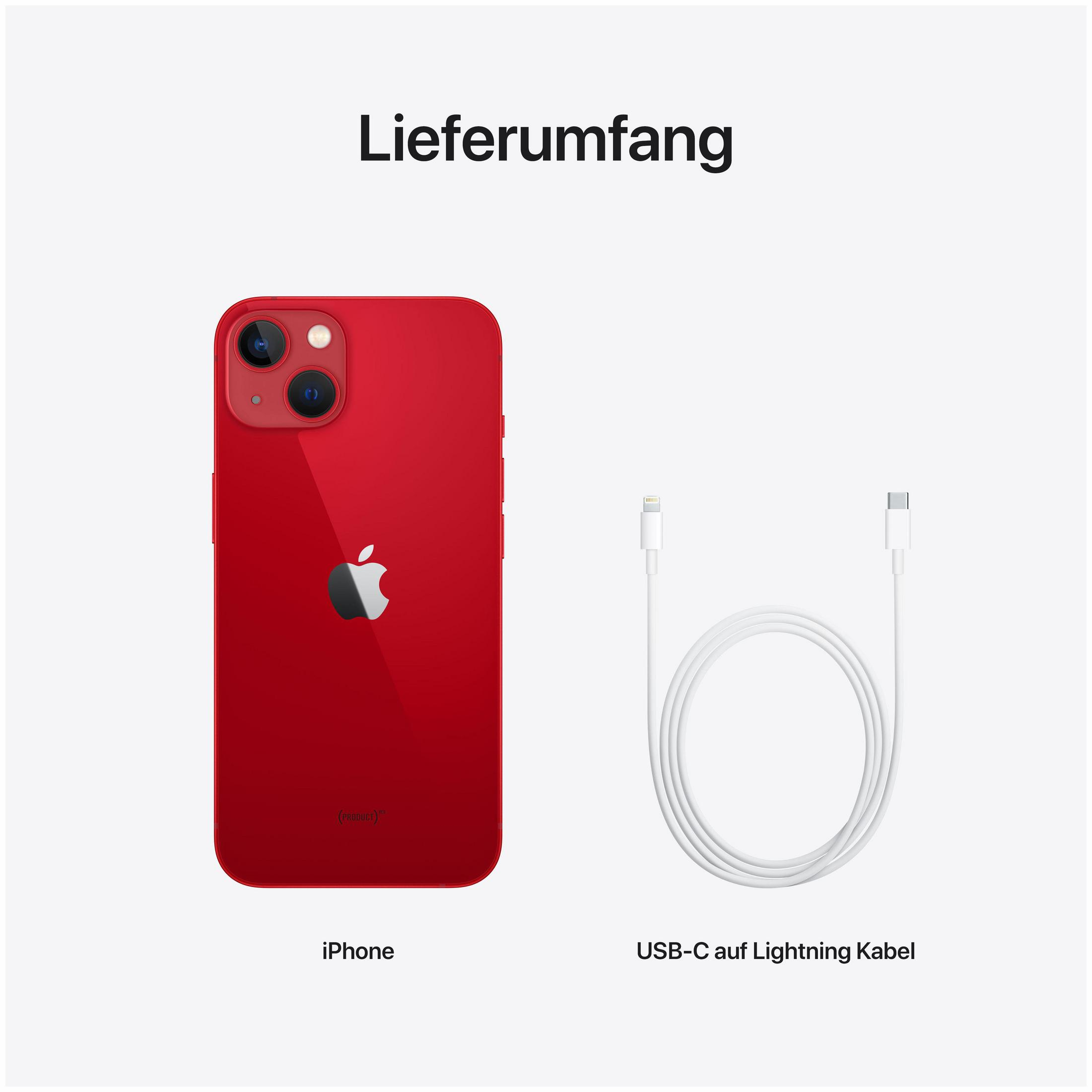 Czerwony iPhone z dwoma aparatami i biały kabel USB-C do Lightning, oba na białym tle.