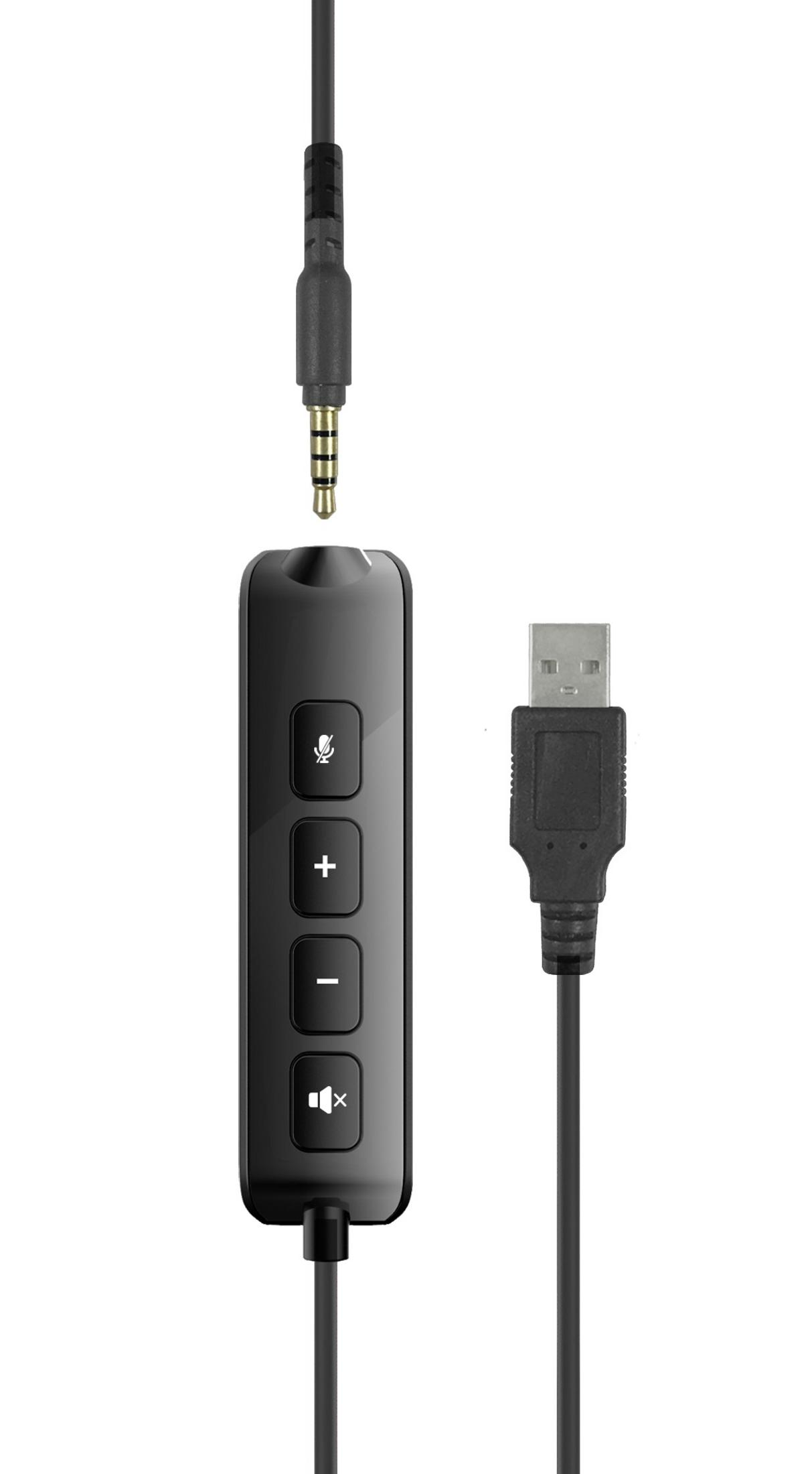 Black control panel with buttons and a headphone jack and a USB cable.