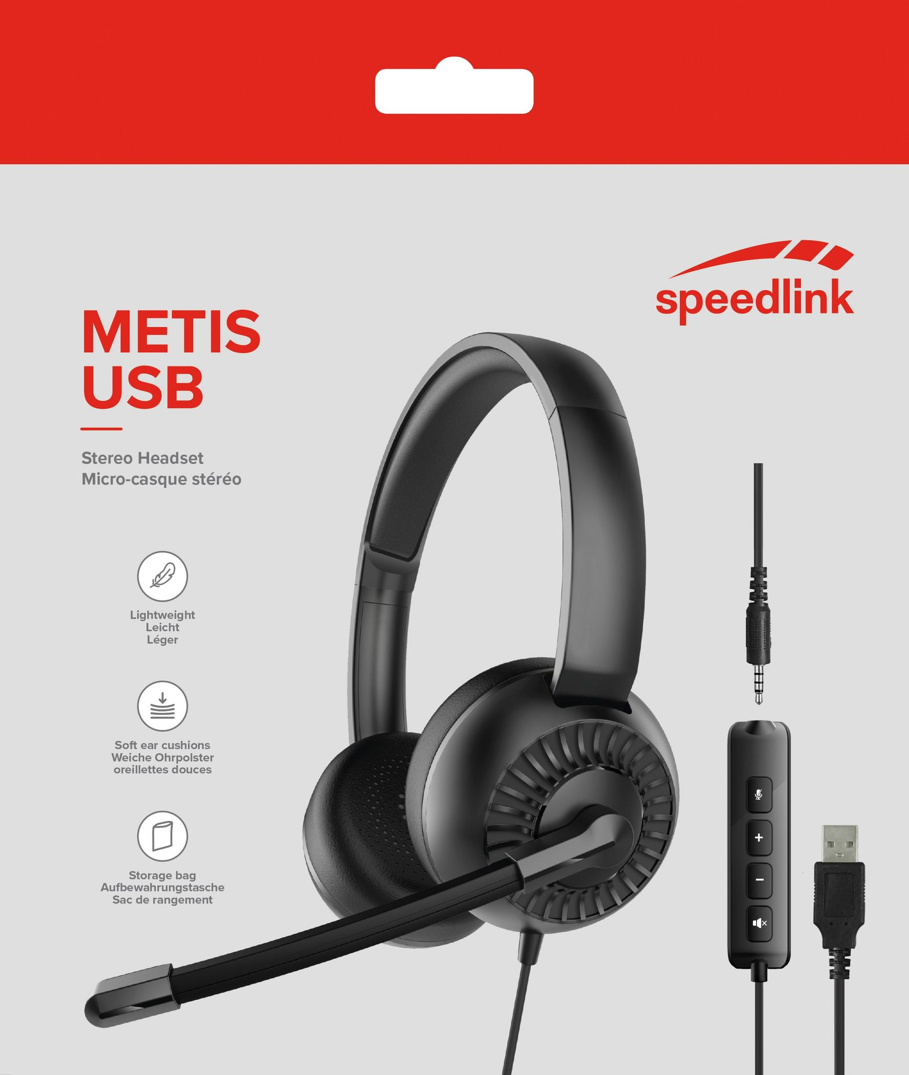 Black USB stereo headset with a microphone and a control module.