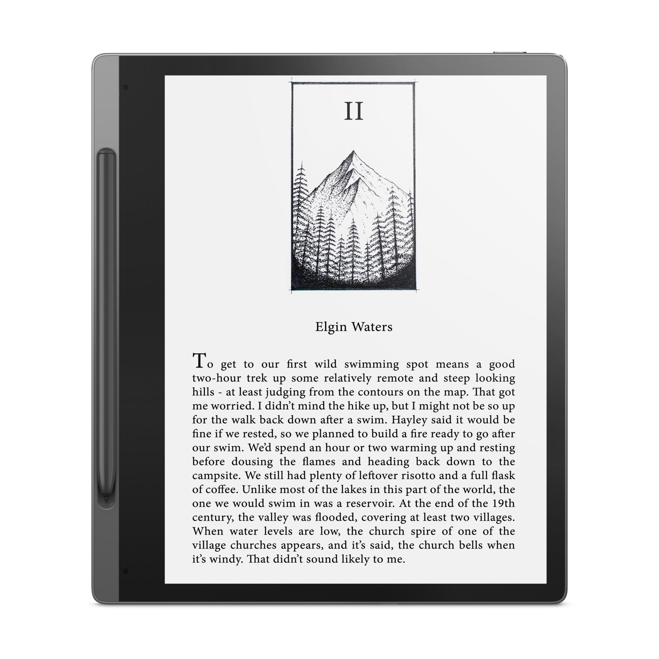 Tablet, das eine Buchseite mit einem Bergabbild und Text anzeigt.
