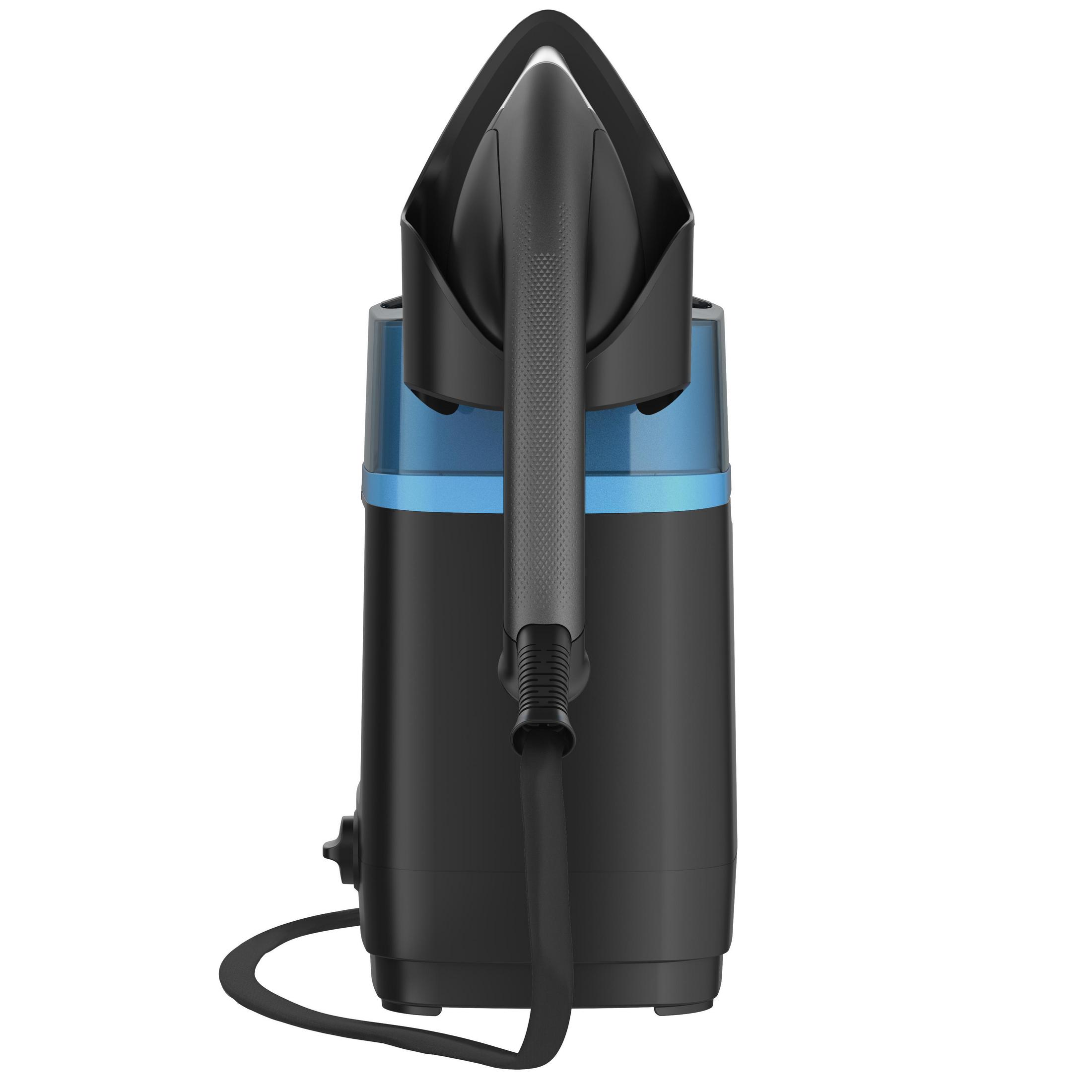 Un pulitore a vapore nero e blu con maniglia e tubo, visto da dietro.