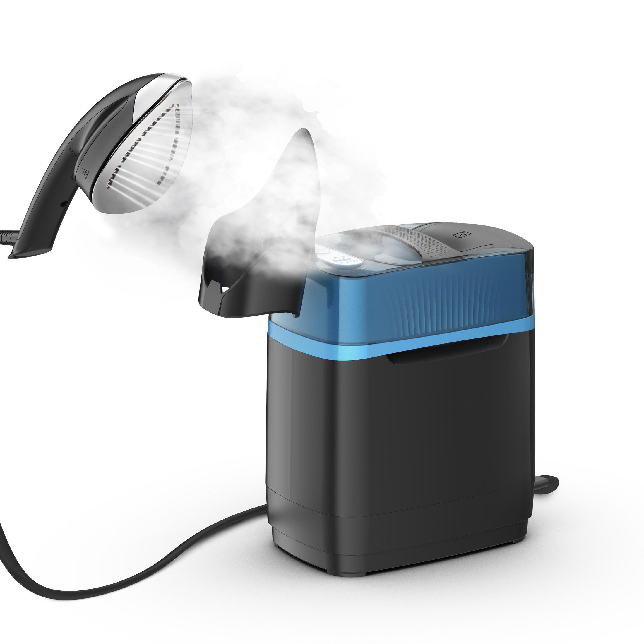 Un vaporizzatore nero e blu con vapore che ne esce, su sfondo bianco. Il vaporizzatore è acceso.