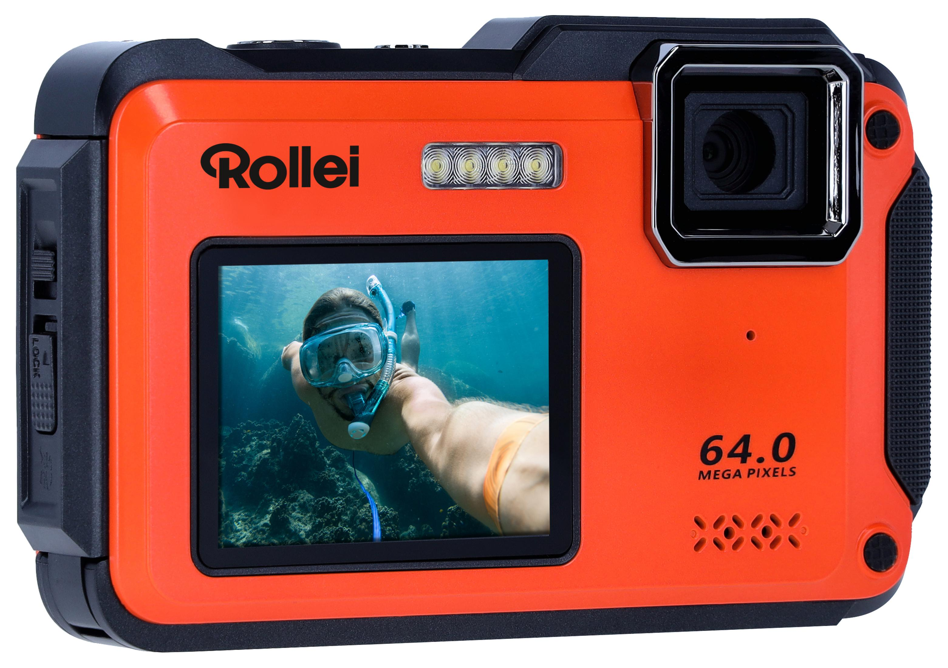 Eine orangefarbene Unterwasserkamera, die eine Person mit Schnorchel zeigt. Die Kamera hat einen Bildschirm und Knöpfe.