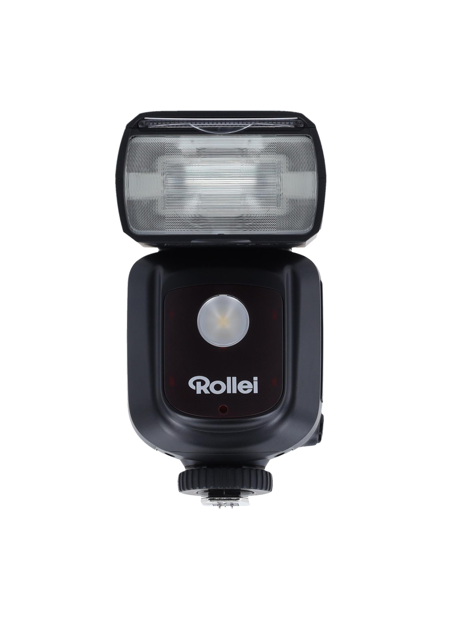 Ein schwarzer Kamera-Blitz mit der Marke 'Rollei' darauf. Der Blitz befindet sich auf weißem Hintergrund.